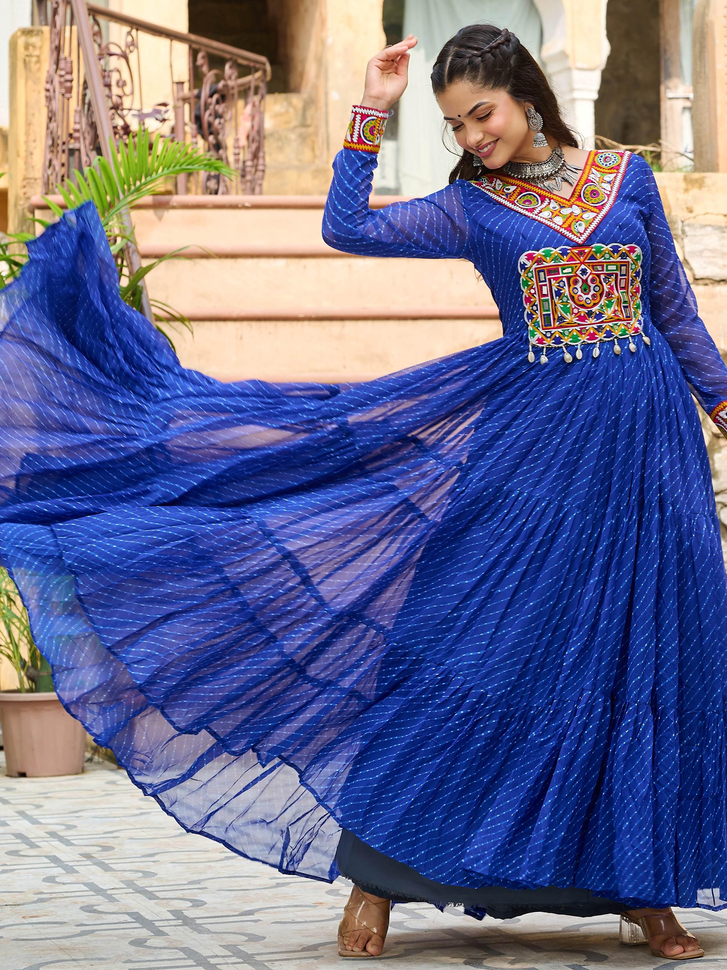 Blue Laheriya print georgette Kutchi patchwork Navratri gown
