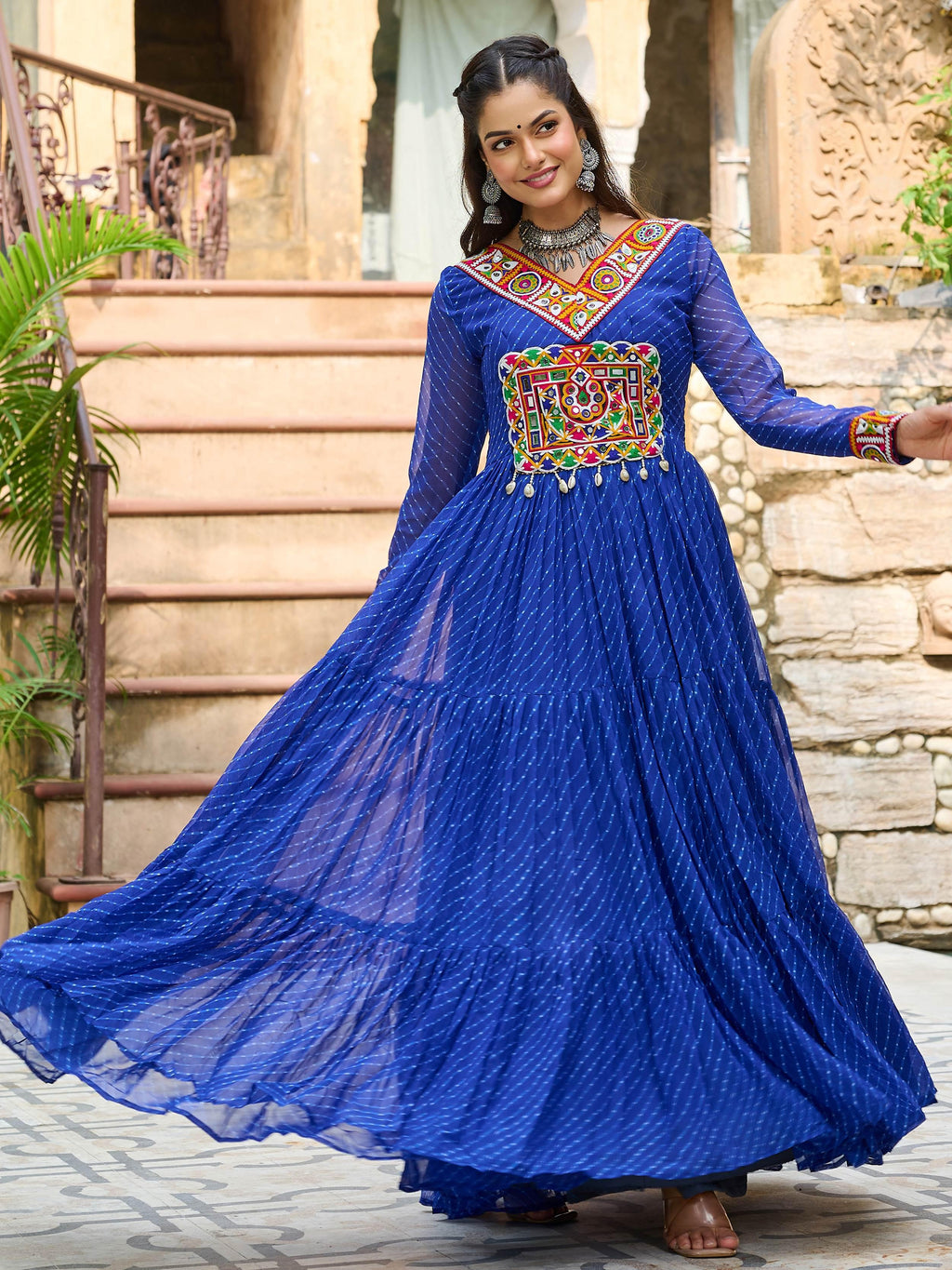Blue Laheriya print georgette Kutchi patchwork Navratri gown