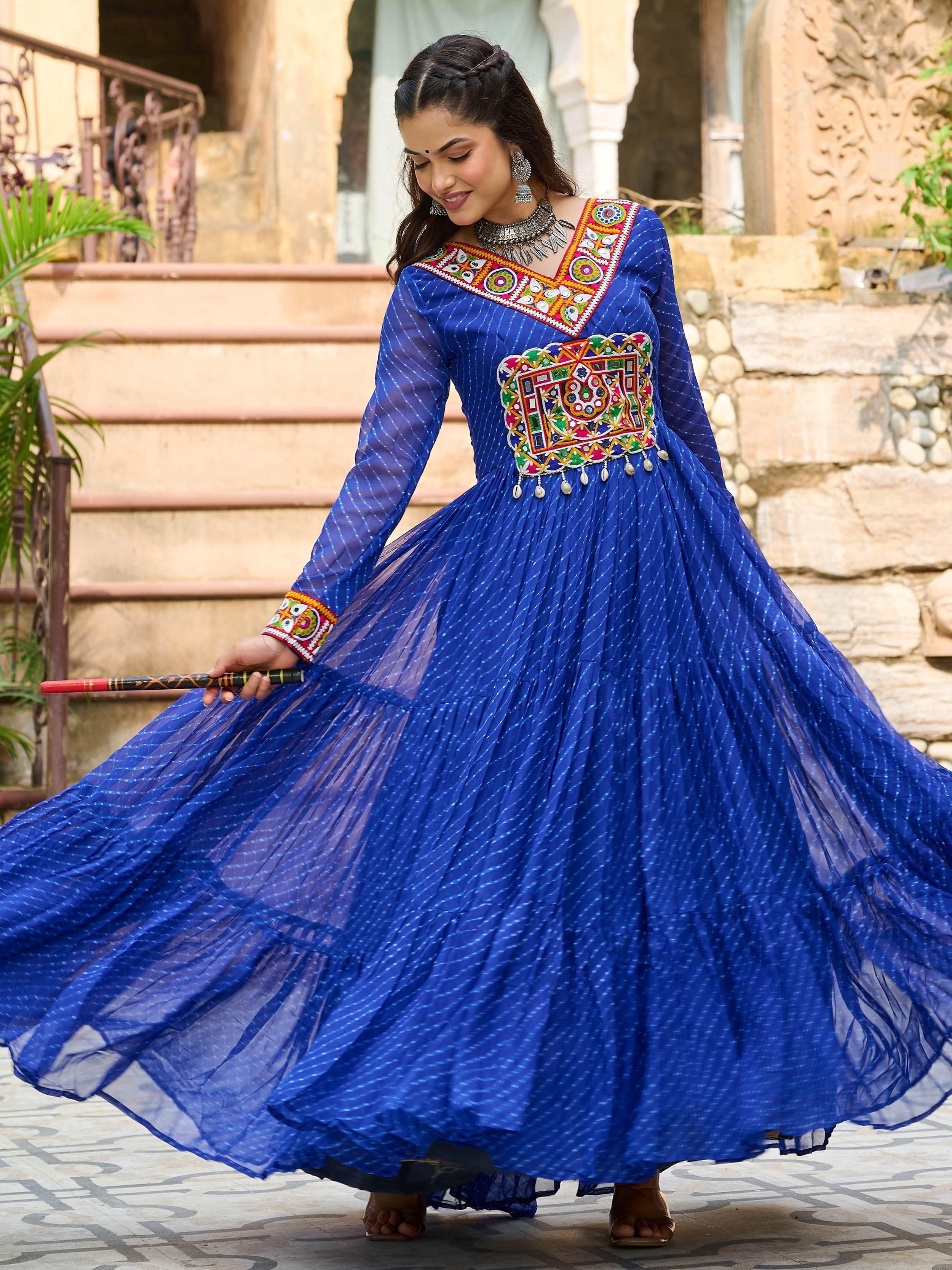 Blue Laheriya print georgette Kutchi patchwork Navratri gown