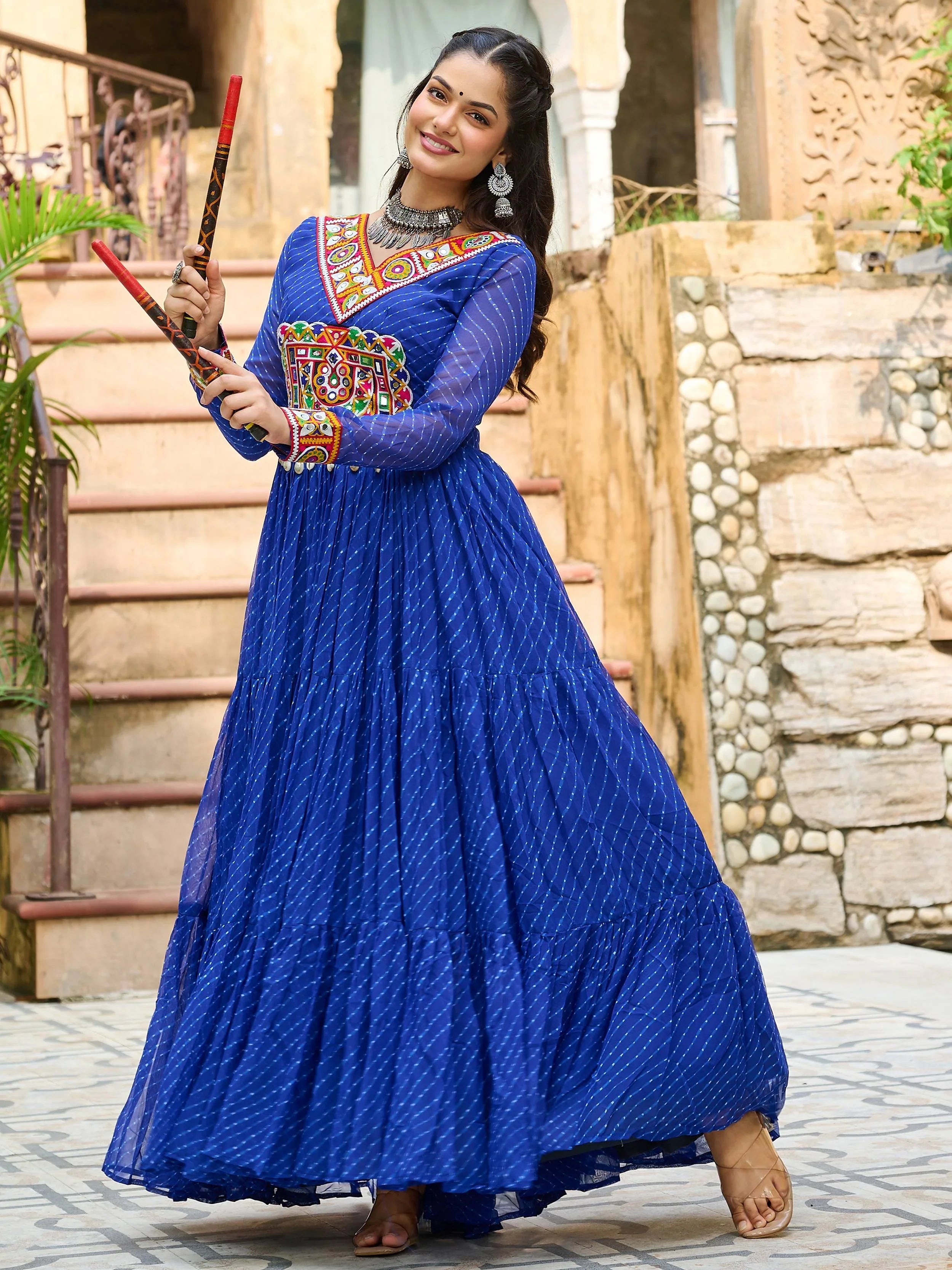 Blue Laheriya print georgette Kutchi patchwork Navratri gown