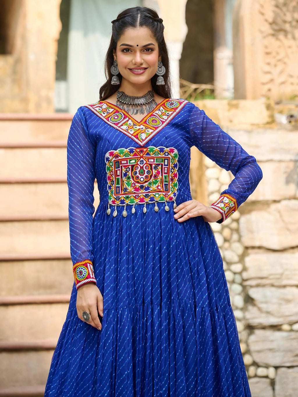 Blue Laheriya print georgette Kutchi patchwork Navratri gown