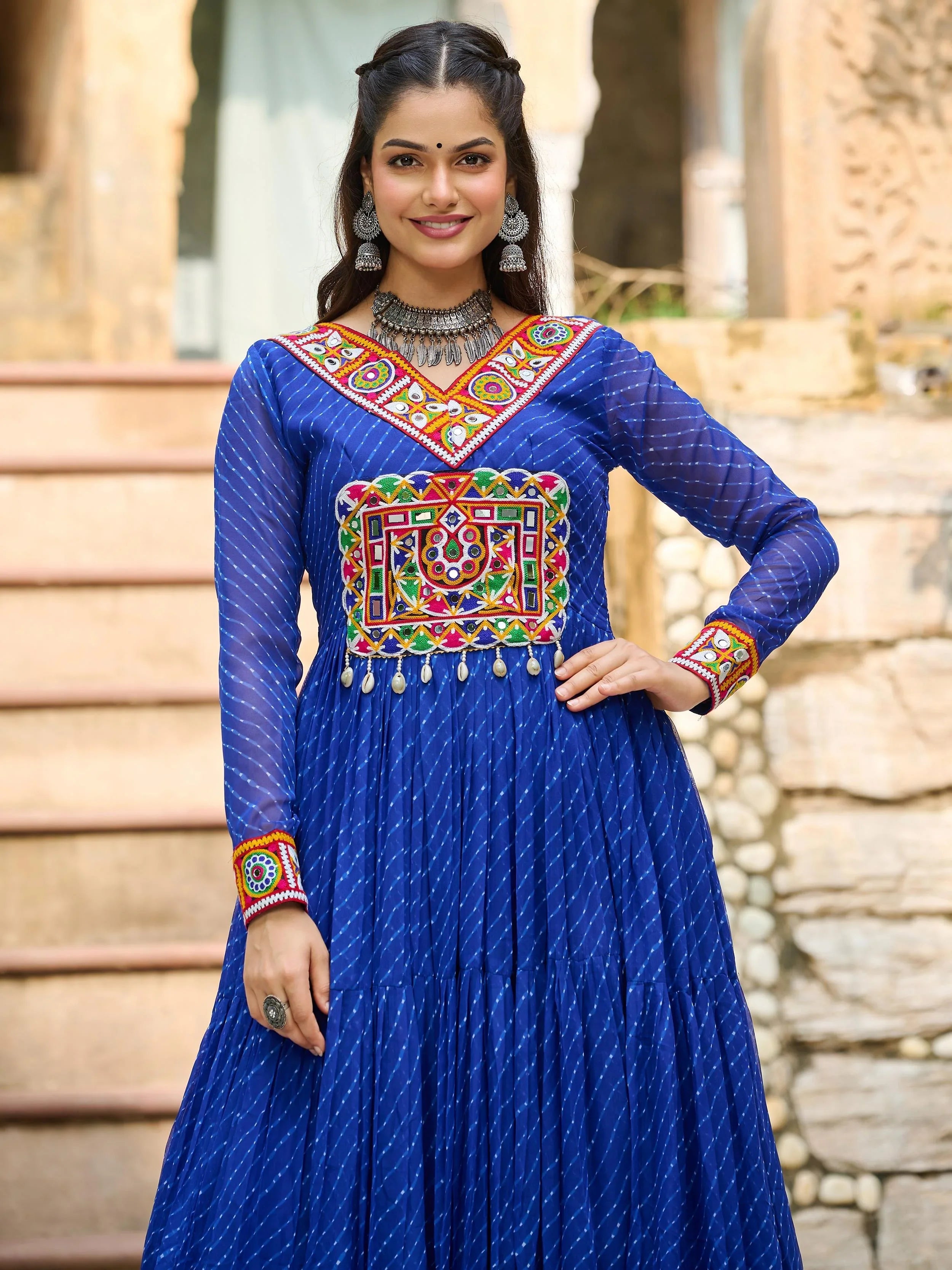 Blue Laheriya print georgette Kutchi patchwork Navratri gown