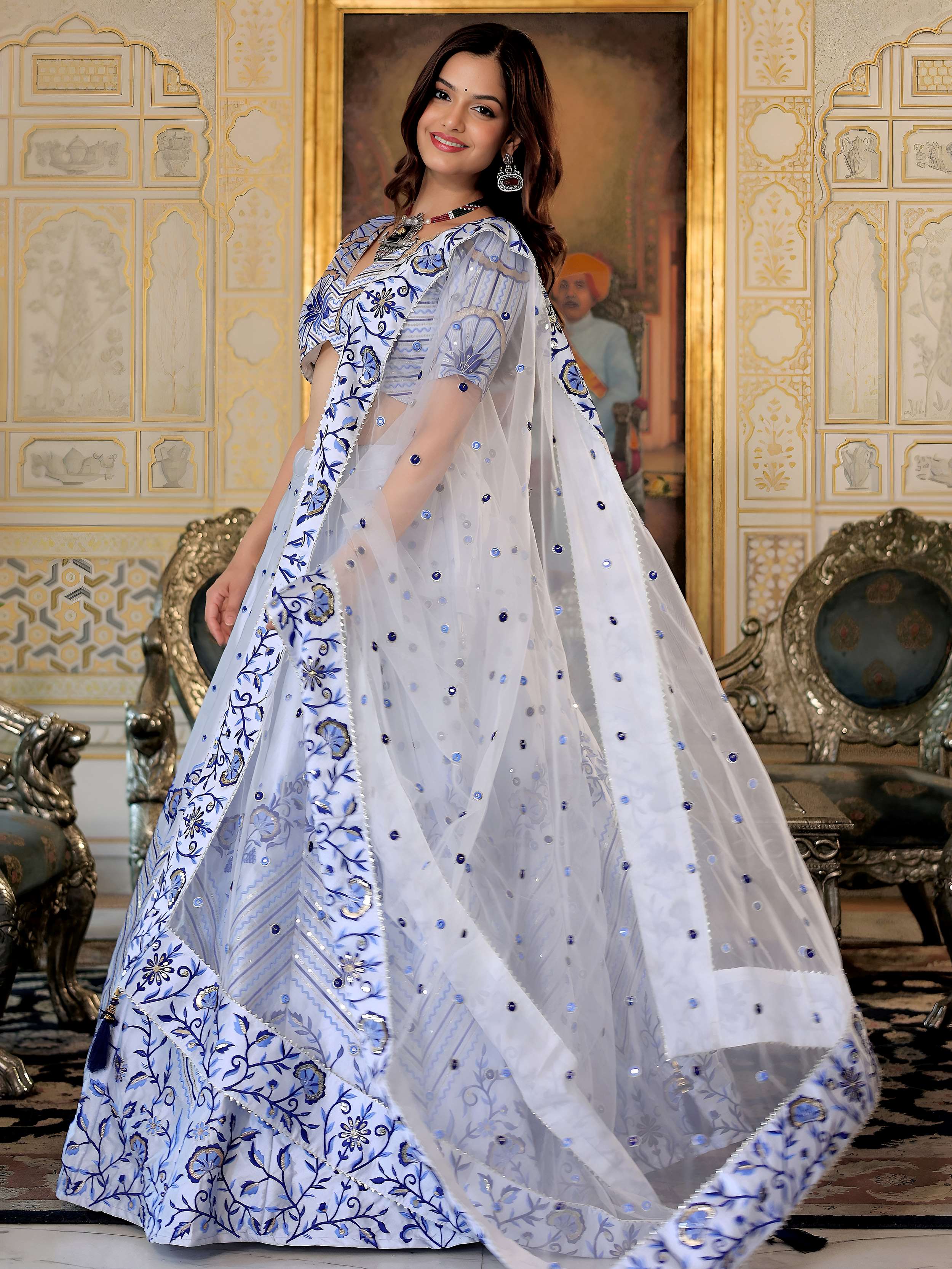 Blue satin thread and sequins embroidery lehenga choli with dupatta