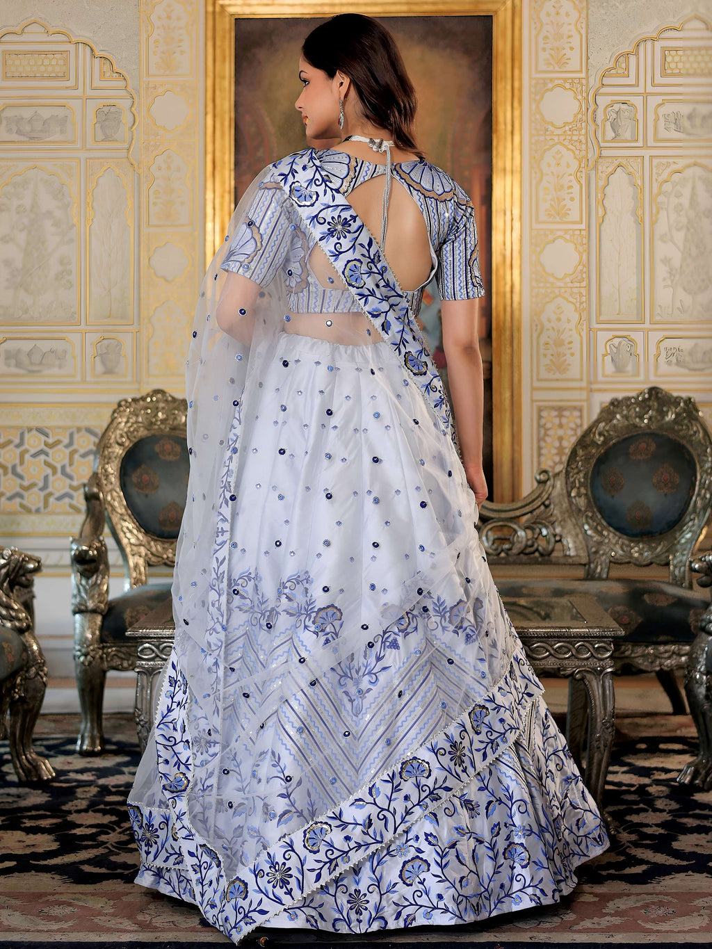 Blue satin thread and sequins embroidery lehenga choli with dupatta
