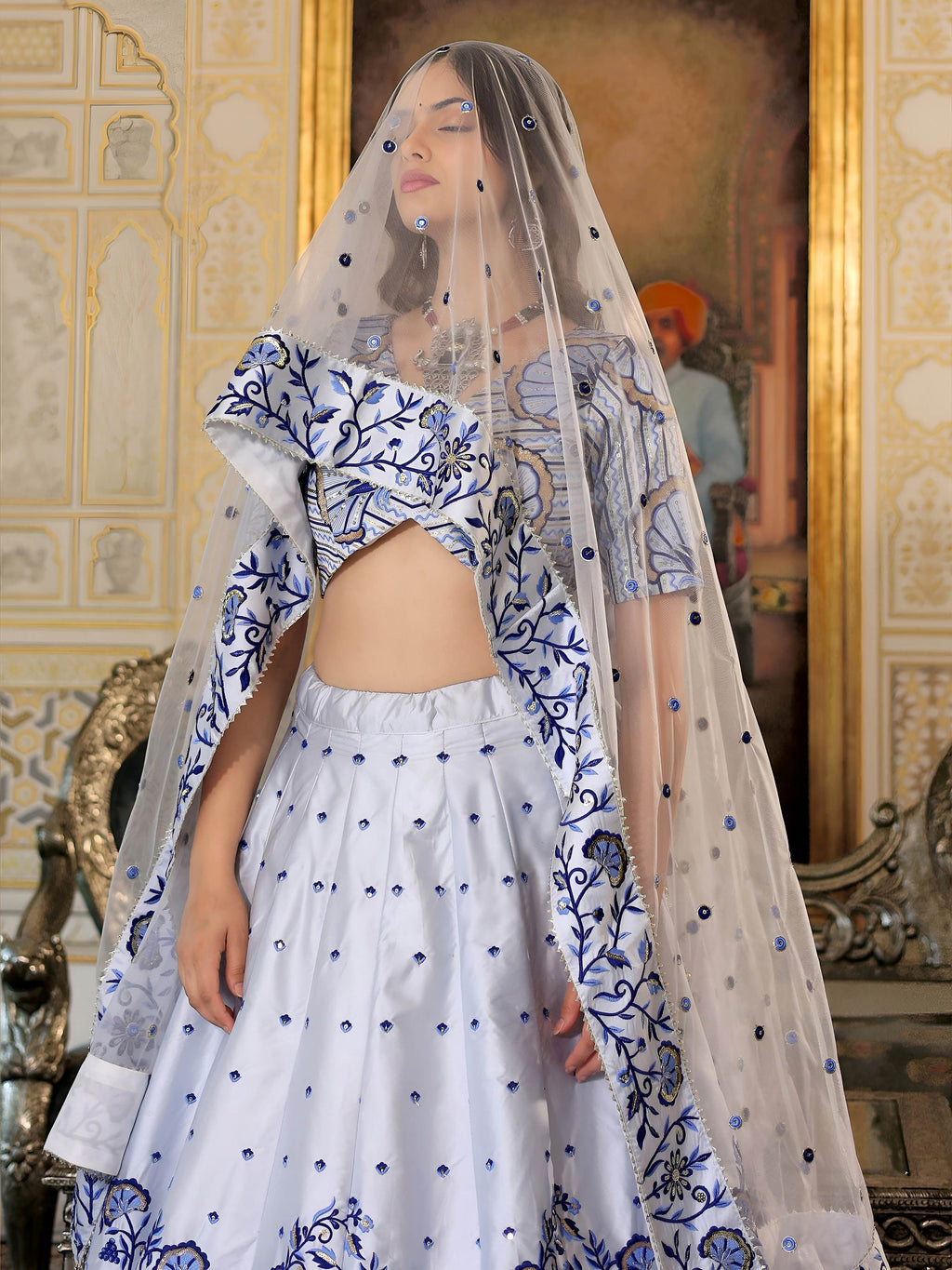 Blue satin thread and sequins embroidery lehenga choli with dupatta