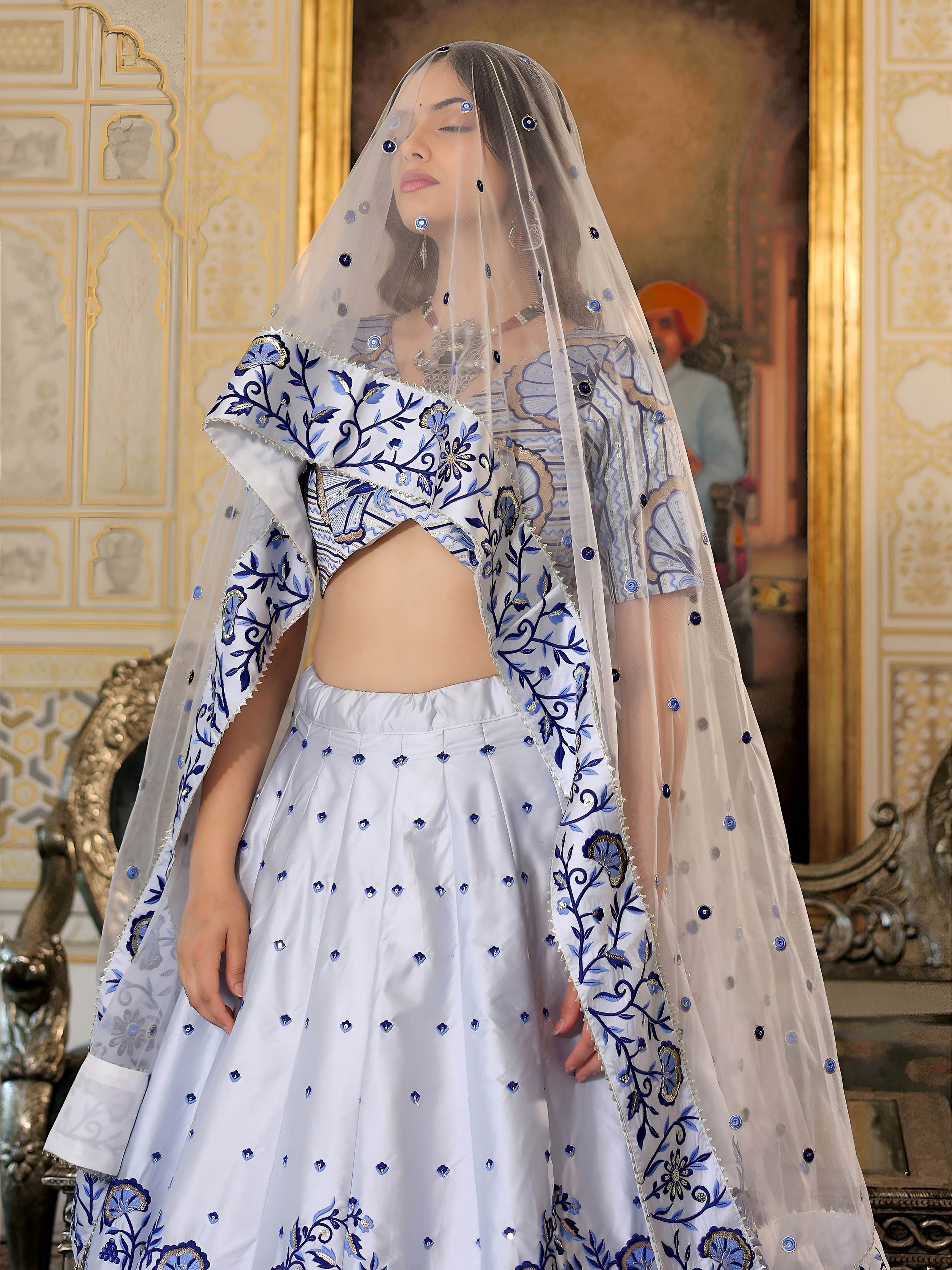 Blue satin thread and sequins embroidery lehenga choli with dupatta