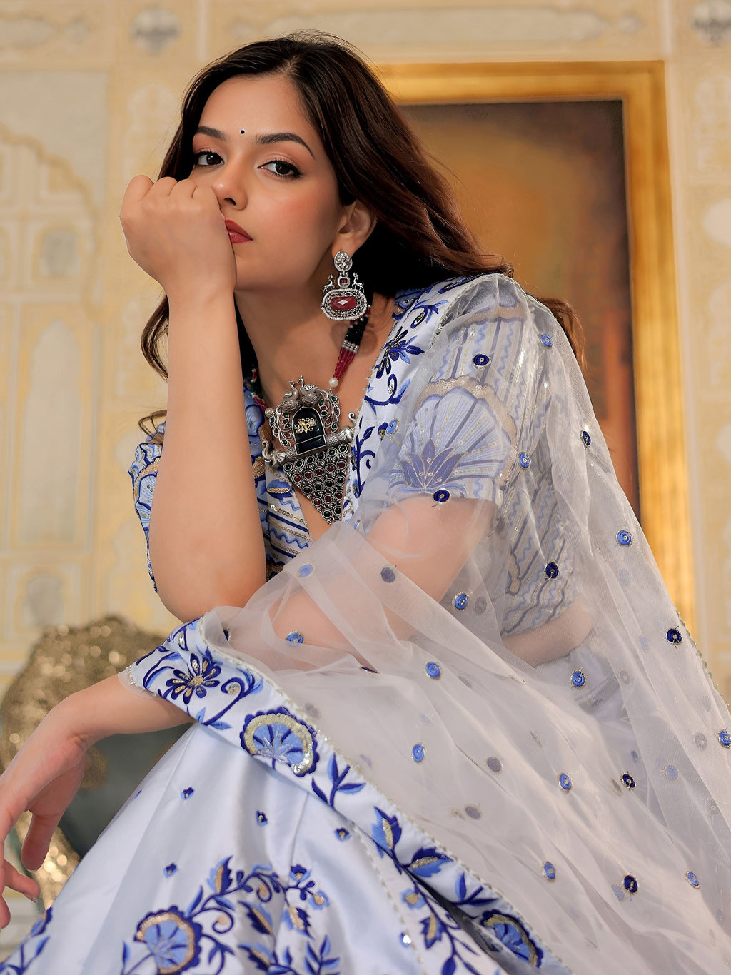 Blue satin thread and sequins embroidery lehenga choli with dupatta
