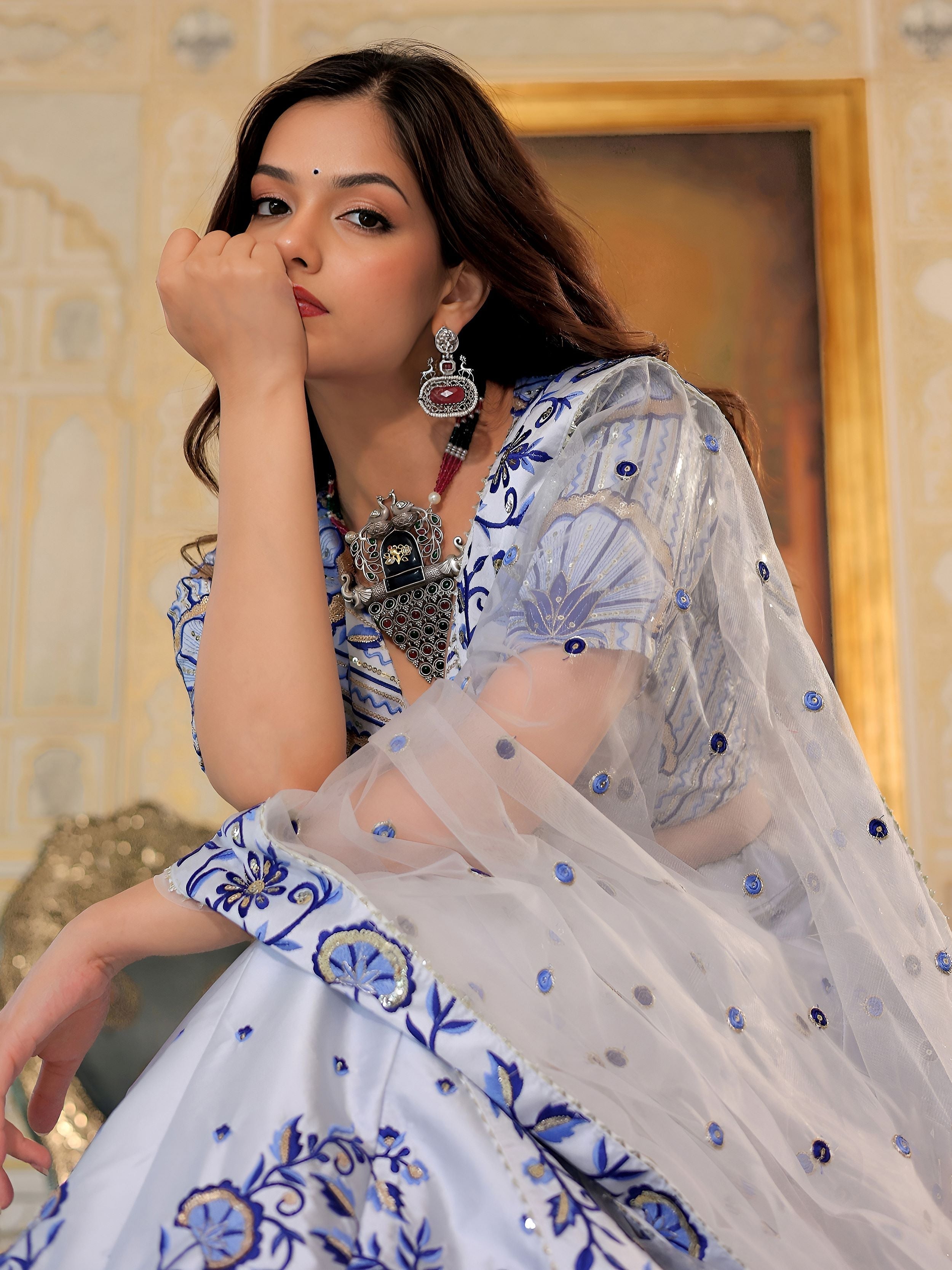 Blue satin thread and sequins embroidery lehenga choli with dupatta