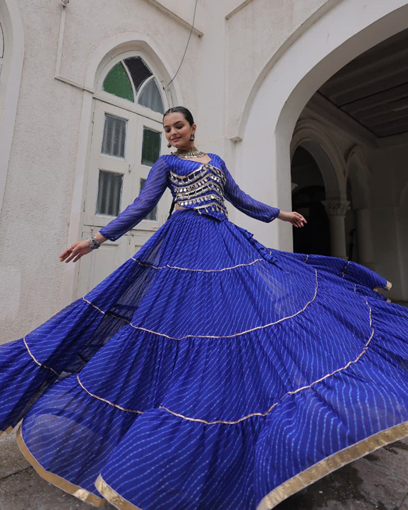 Blue soft georgette Gota Patti lace Bandhej Leheriya print lehenga choli