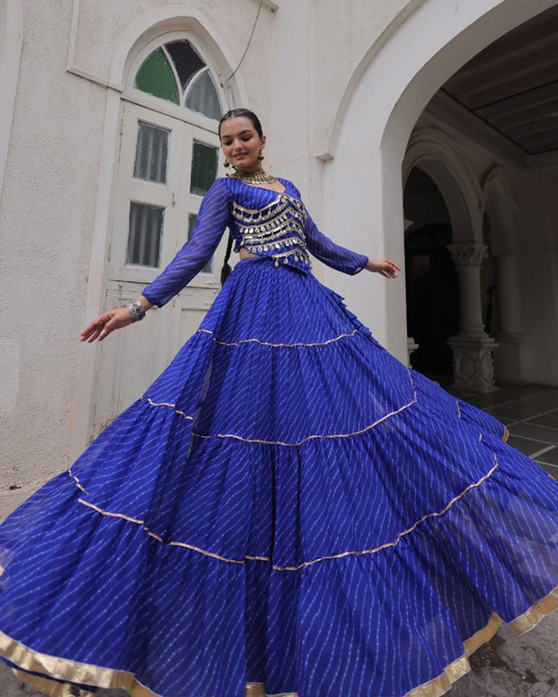 Blue soft georgette Gota Patti lace Bandhej Leheriya print lehenga choli