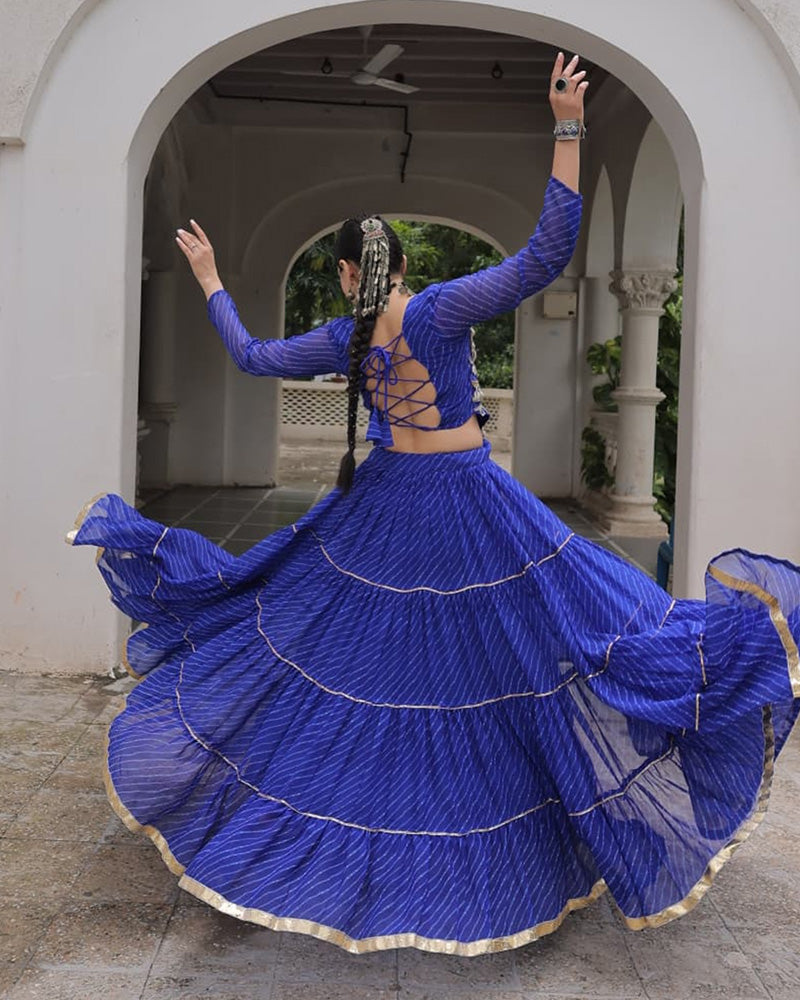 Blue soft georgette Gota Patti lace Bandhej Leheriya print lehenga choli