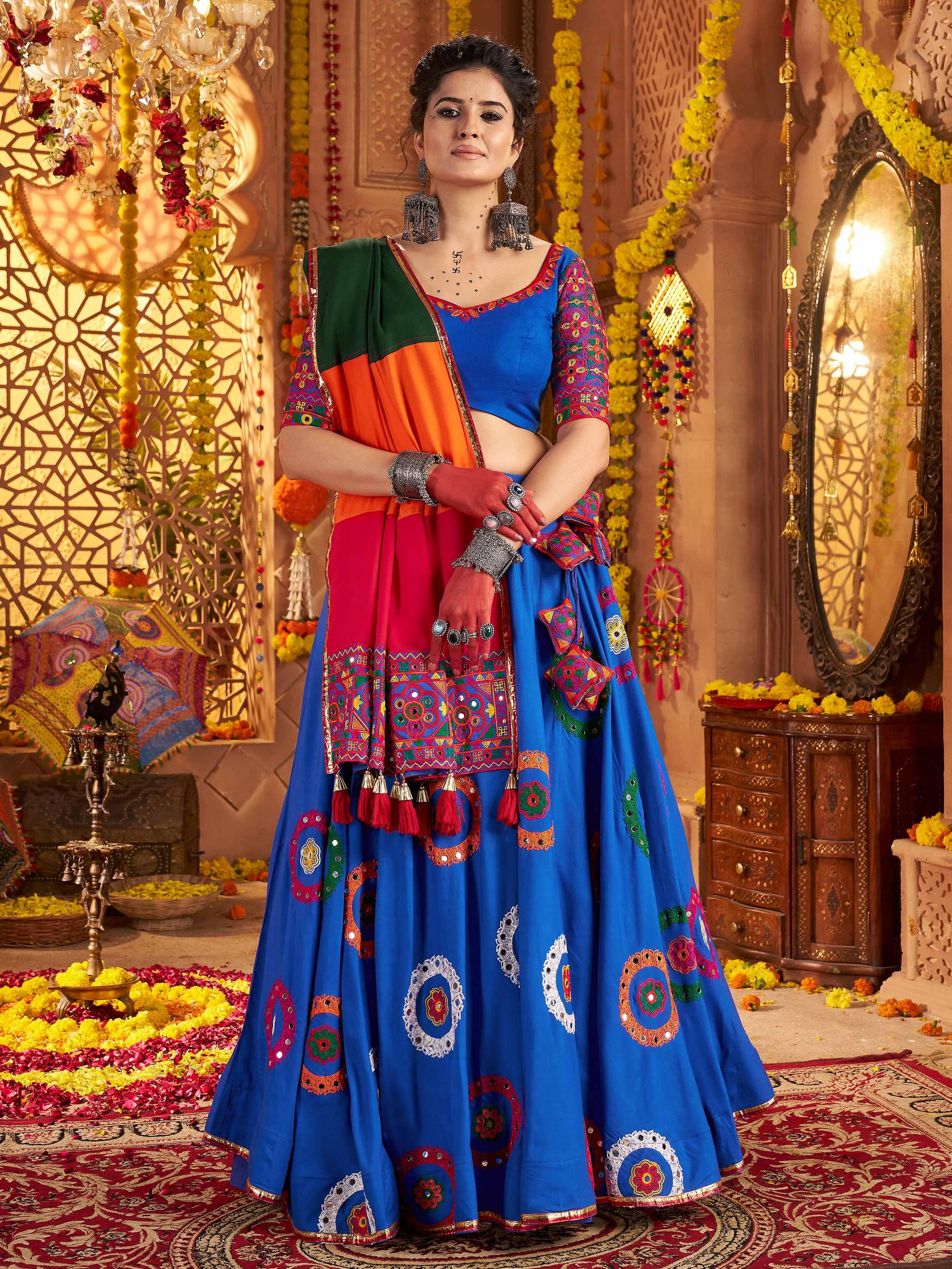 Blue viscose cotton mirror thread embroidery Navratri lehenga choli