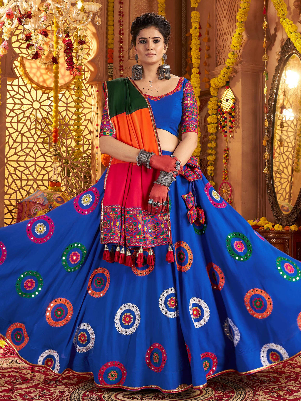 Blue viscose cotton mirror thread embroidery Navratri lehenga choli