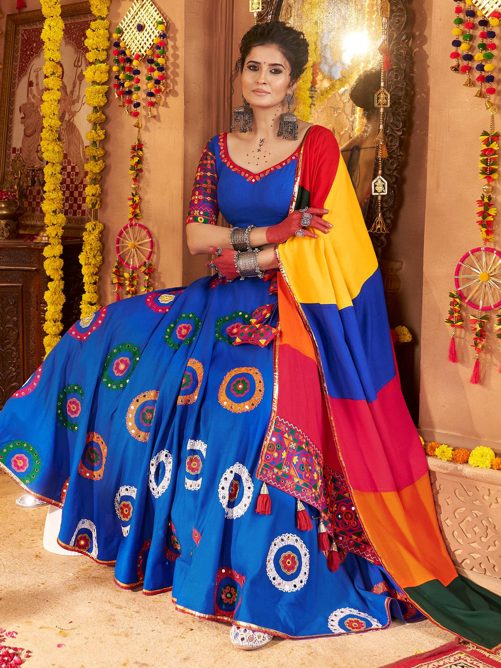 Blue viscose cotton mirror thread embroidery Navratri lehenga choli