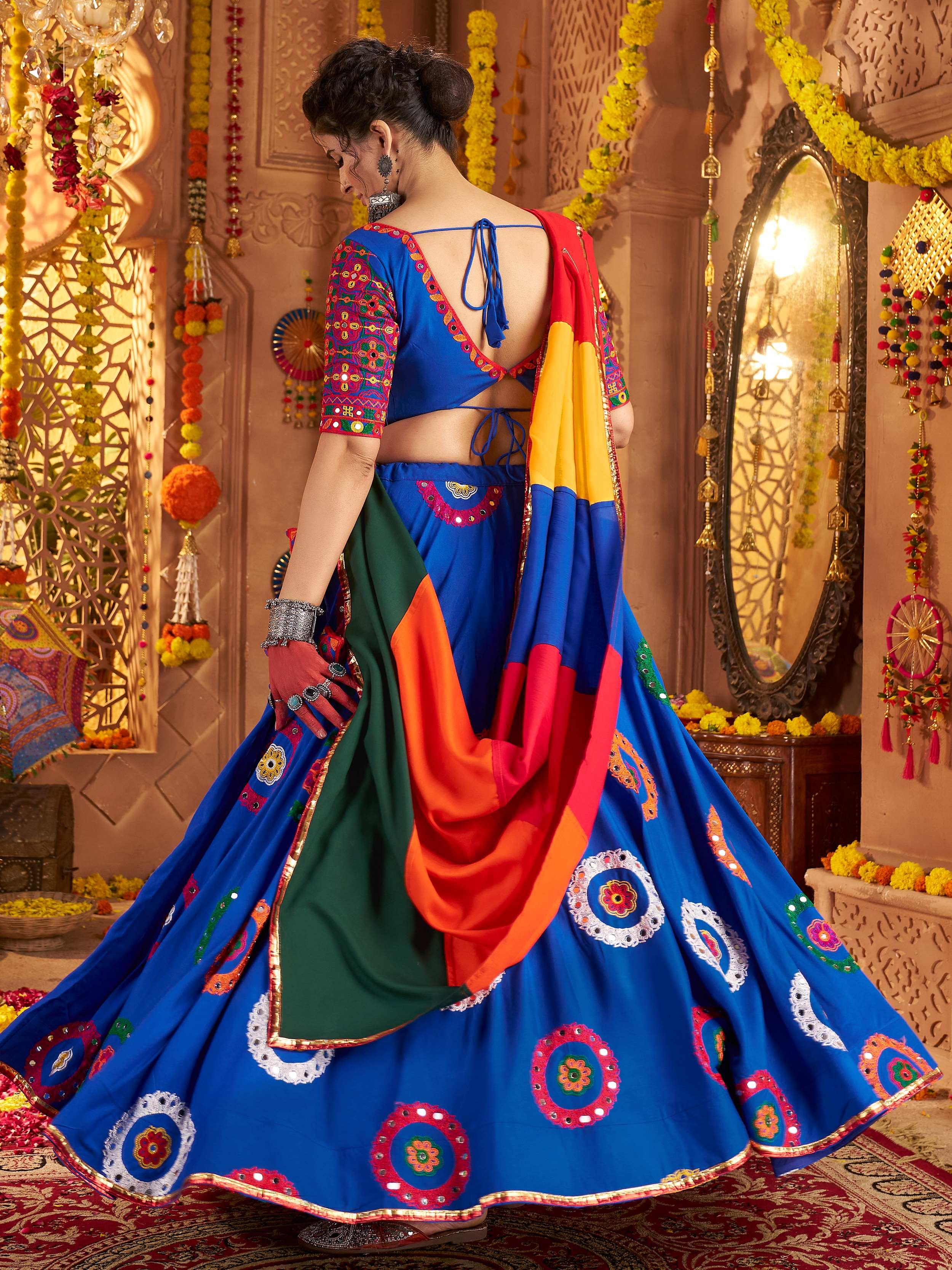 Blue viscose cotton mirror thread embroidery Navratri lehenga choli