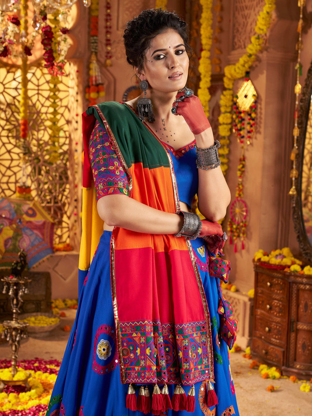Blue viscose cotton mirror thread embroidery Navratri lehenga choli
