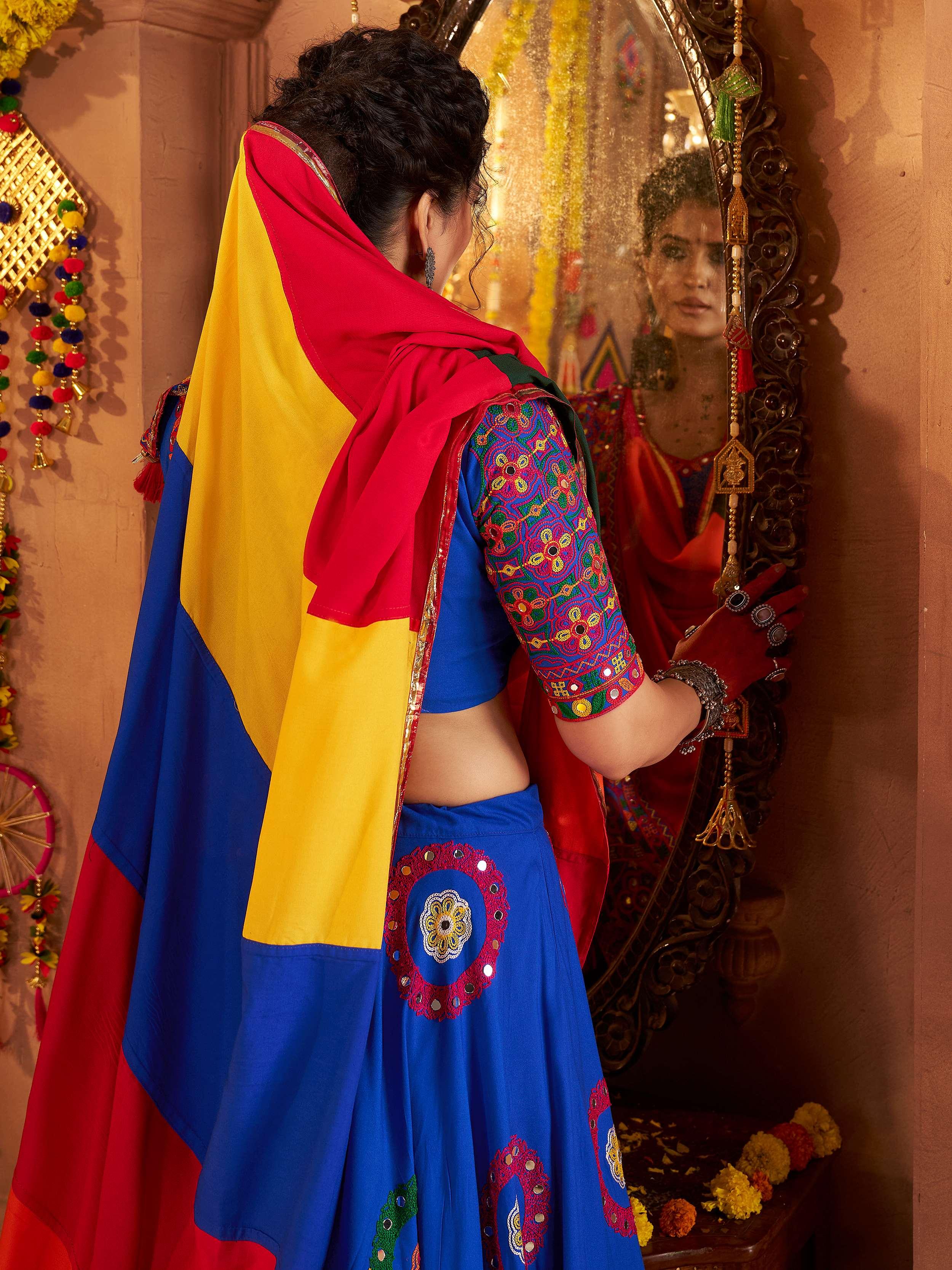 Blue viscose cotton mirror thread embroidery Navratri lehenga choli