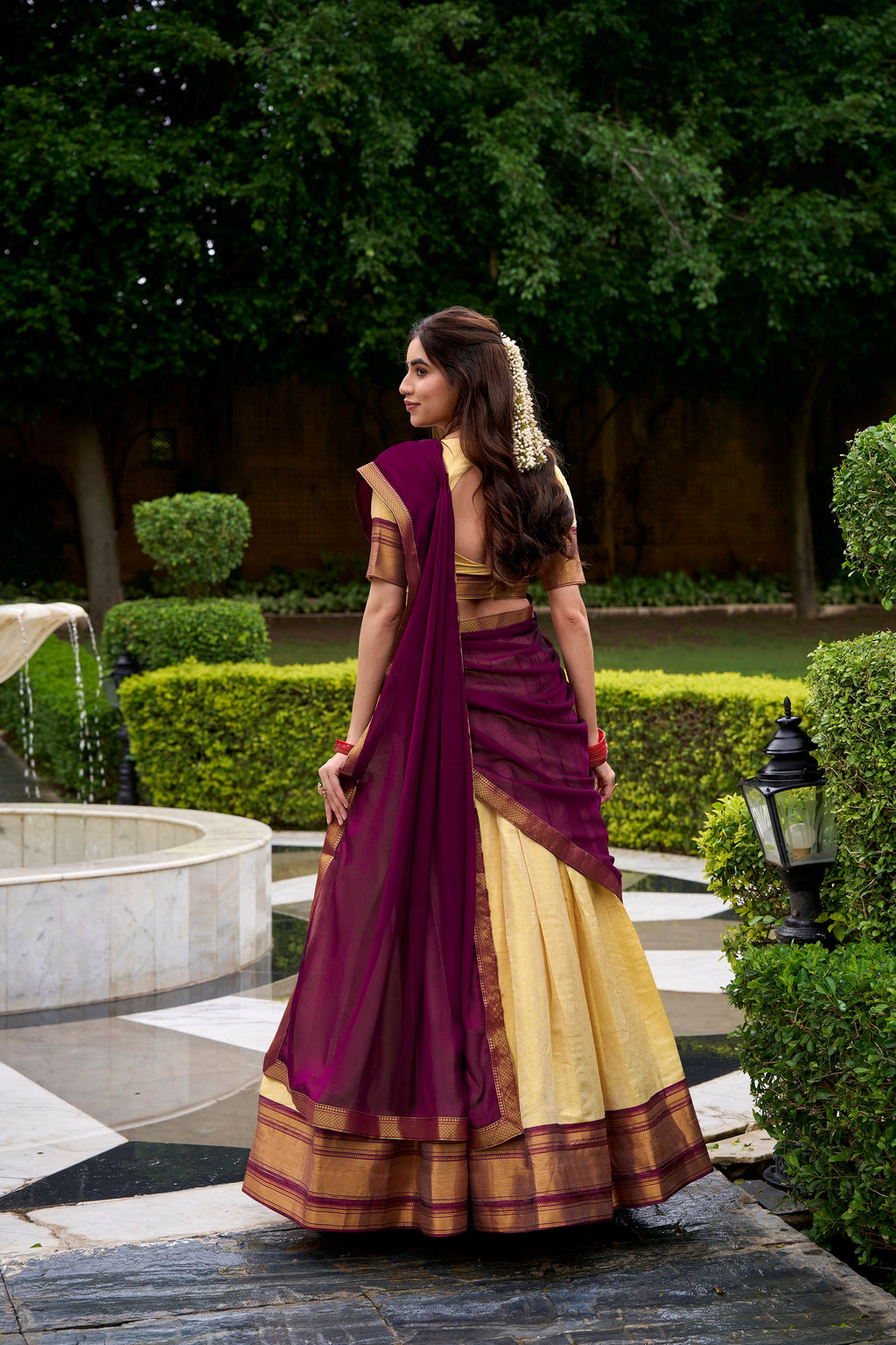 Brown Kanchipuram silk zari weaving half saree lehenga choli