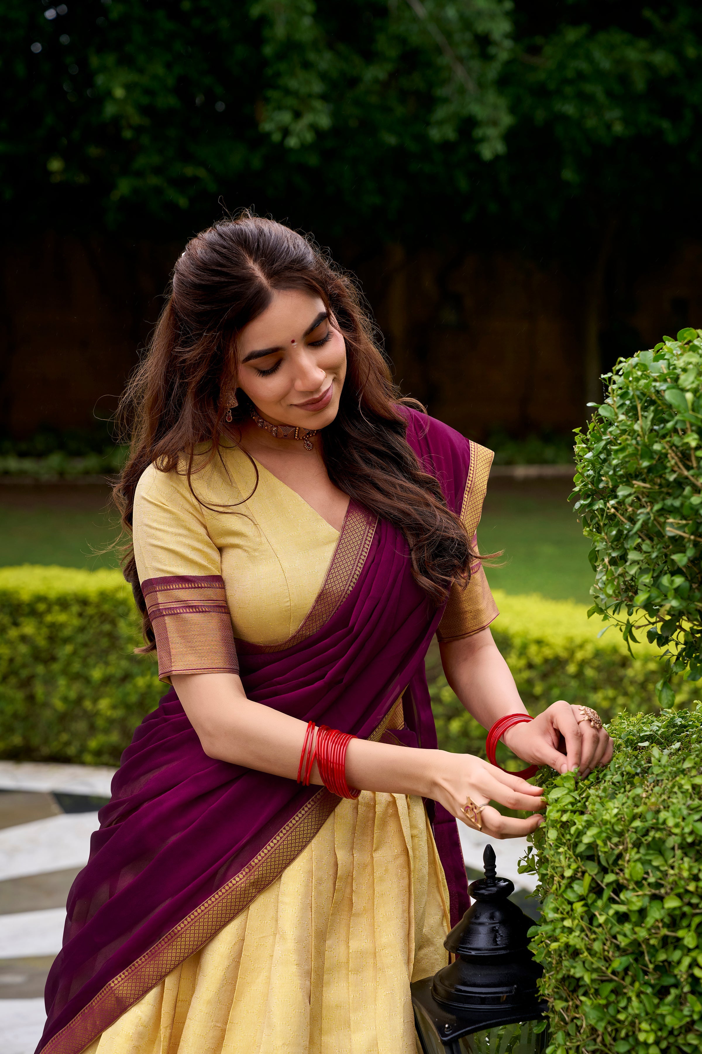 Brown Kanchipuram silk zari weaving half saree lehenga choli