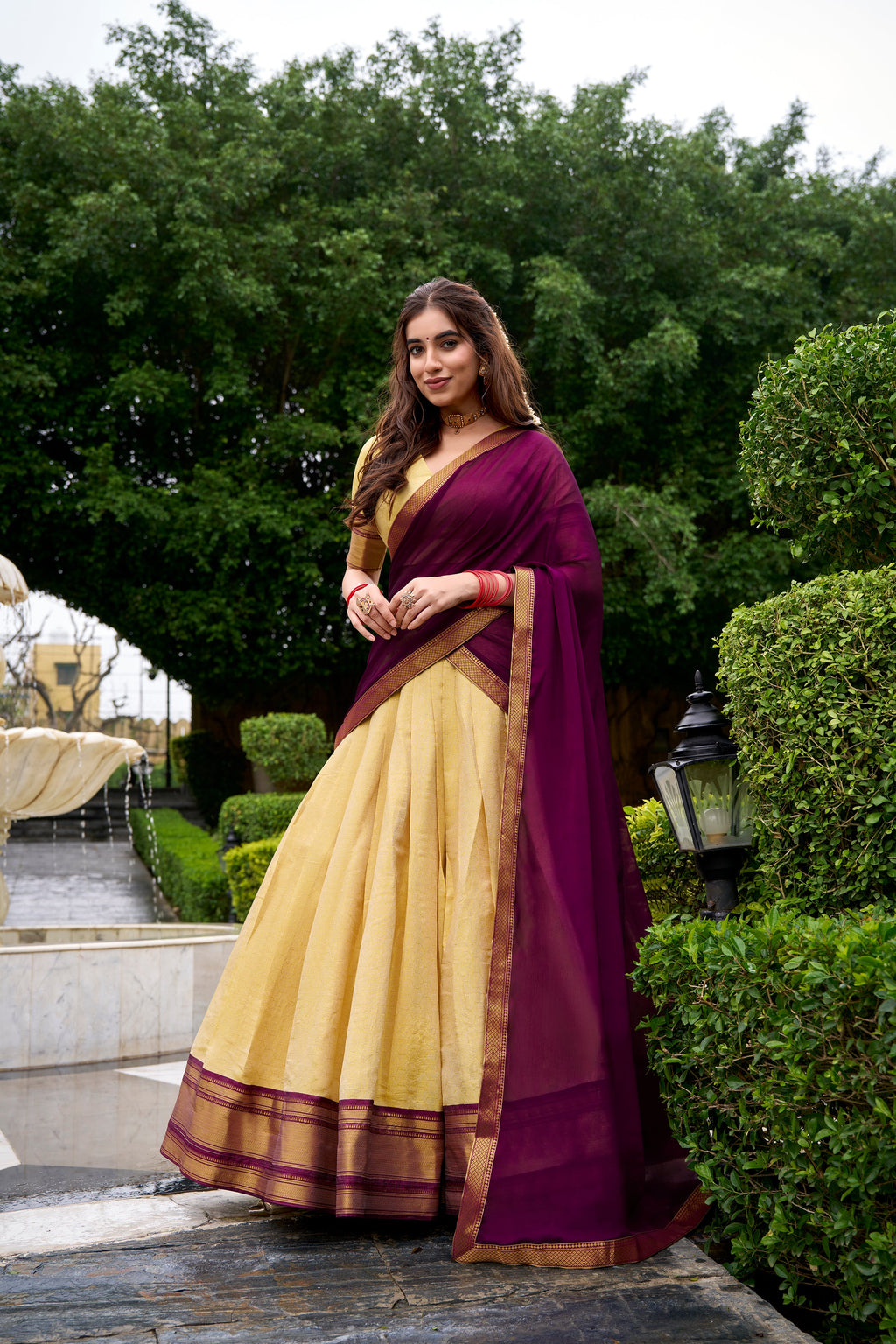 Brown Kanchipuram silk zari weaving half saree lehenga choli
