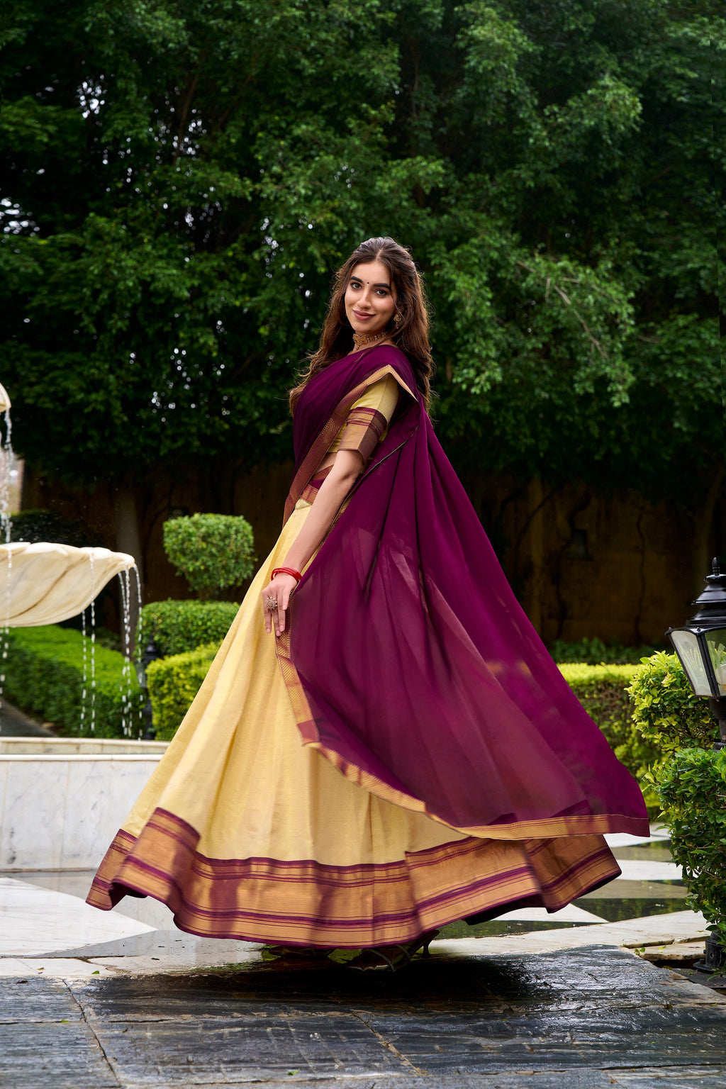 Brown Kanchipuram silk zari weaving half saree lehenga choli