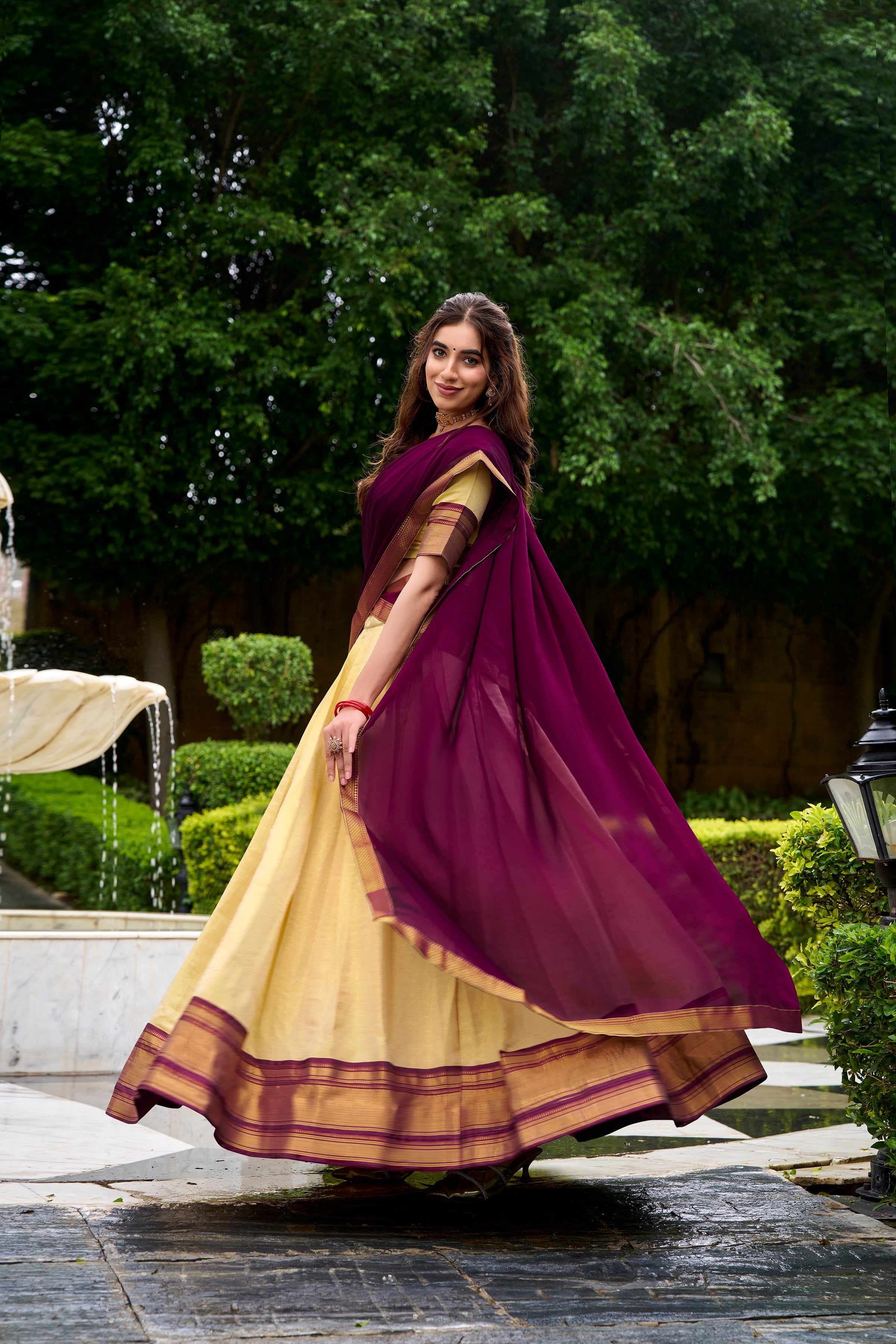 Brown Kanchipuram silk zari weaving half saree lehenga choli