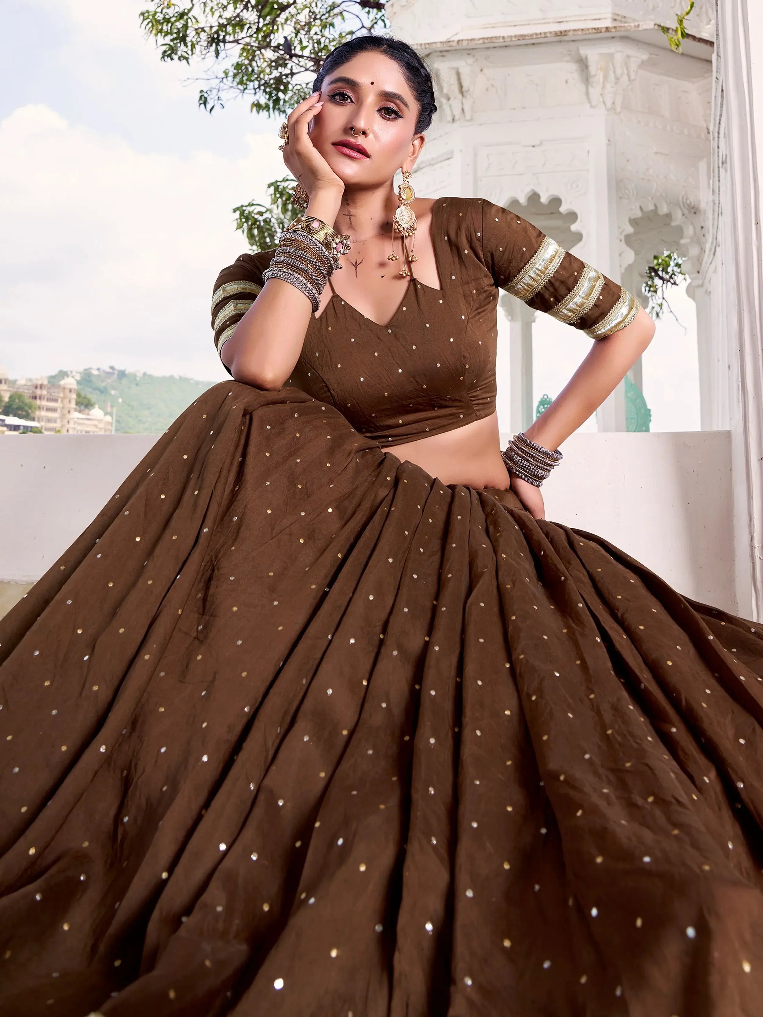 Brown Chanderi lehenga choli with zari weaving and embossed lace