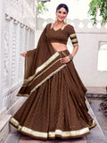 Brown Chanderi lehenga choli with zari weaving and embossed lace