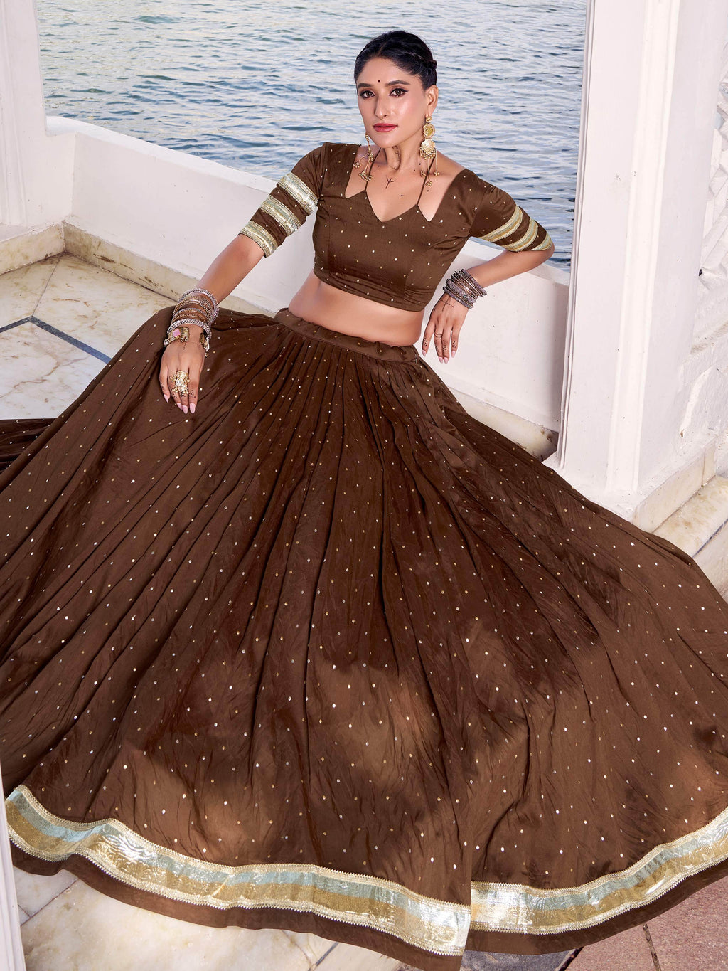 Brown Chanderi lehenga choli with zari weaving and embossed lace