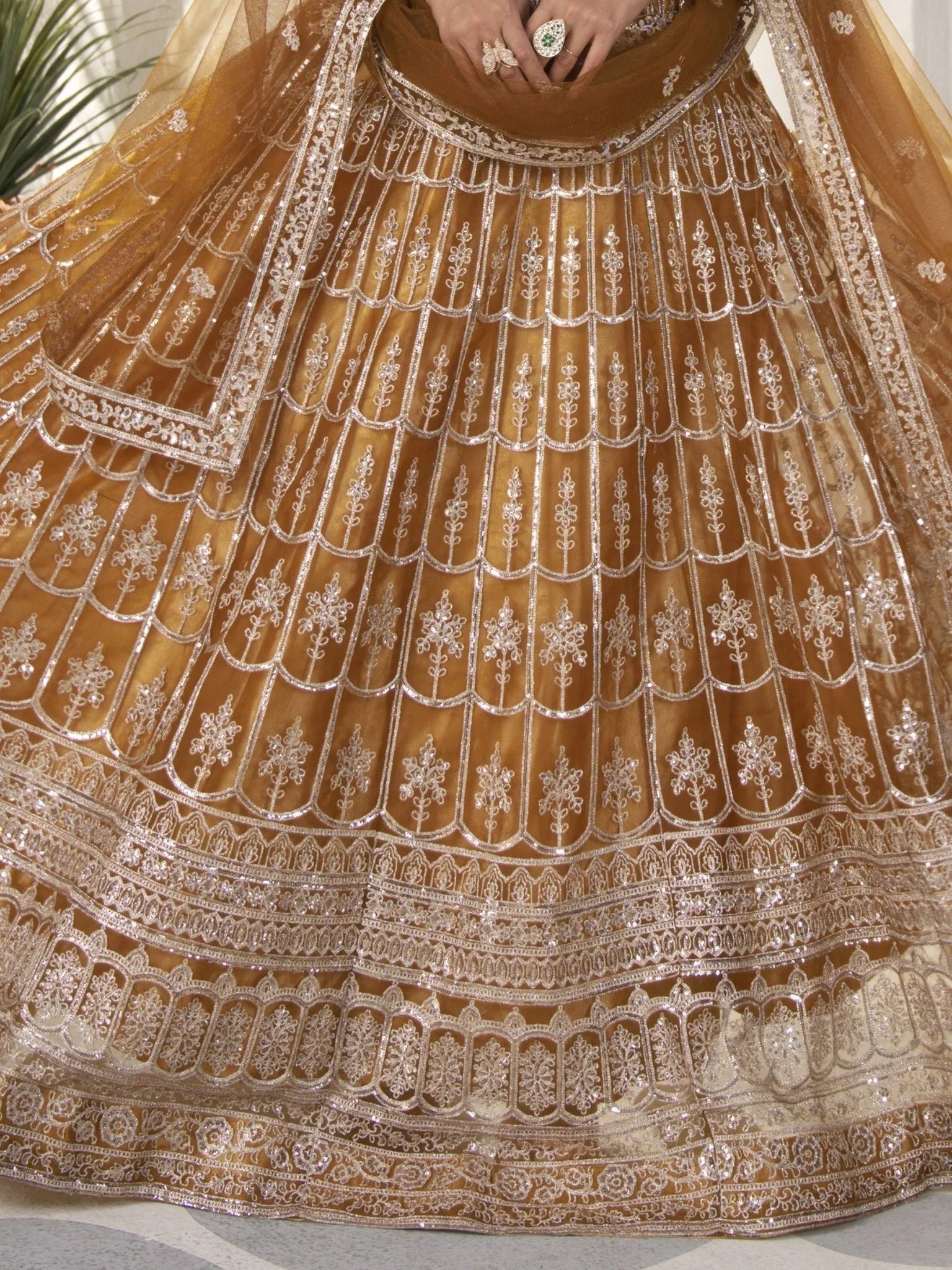 Brown net sequins embroidered designer lehenga choli with dupatta