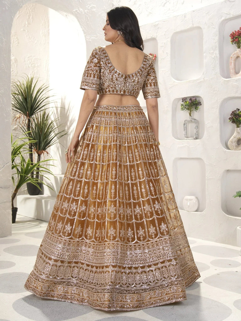 Brown net sequins embroidered designer lehenga choli with dupatta