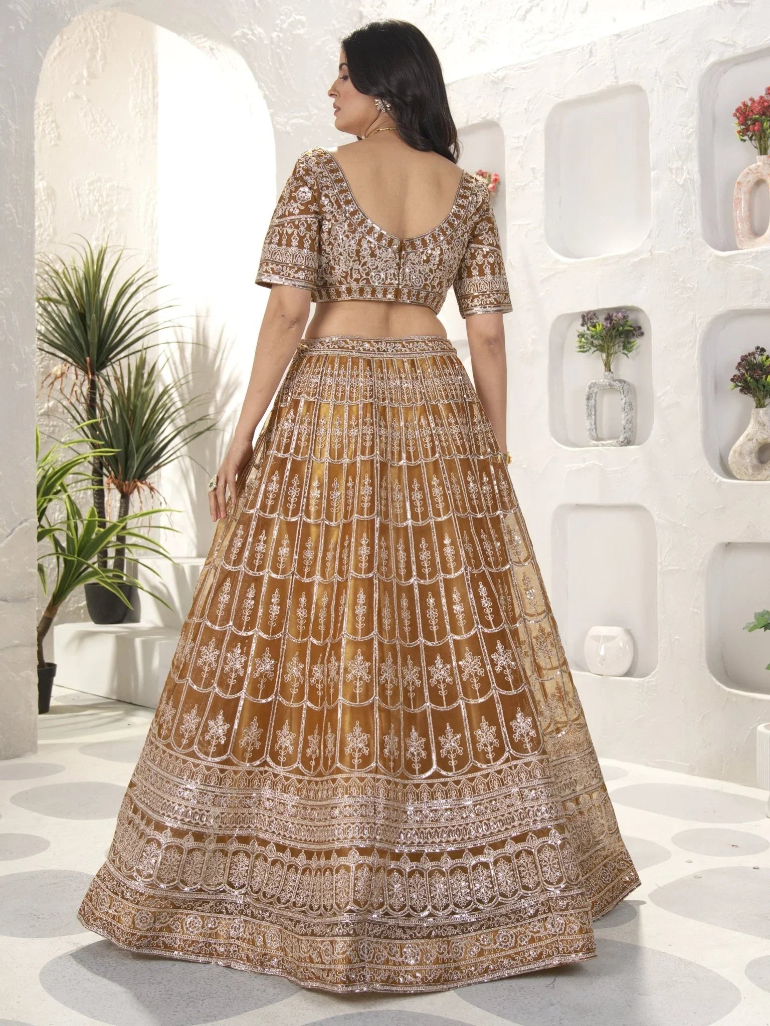 Brown net sequins embroidered designer lehenga choli with dupatta