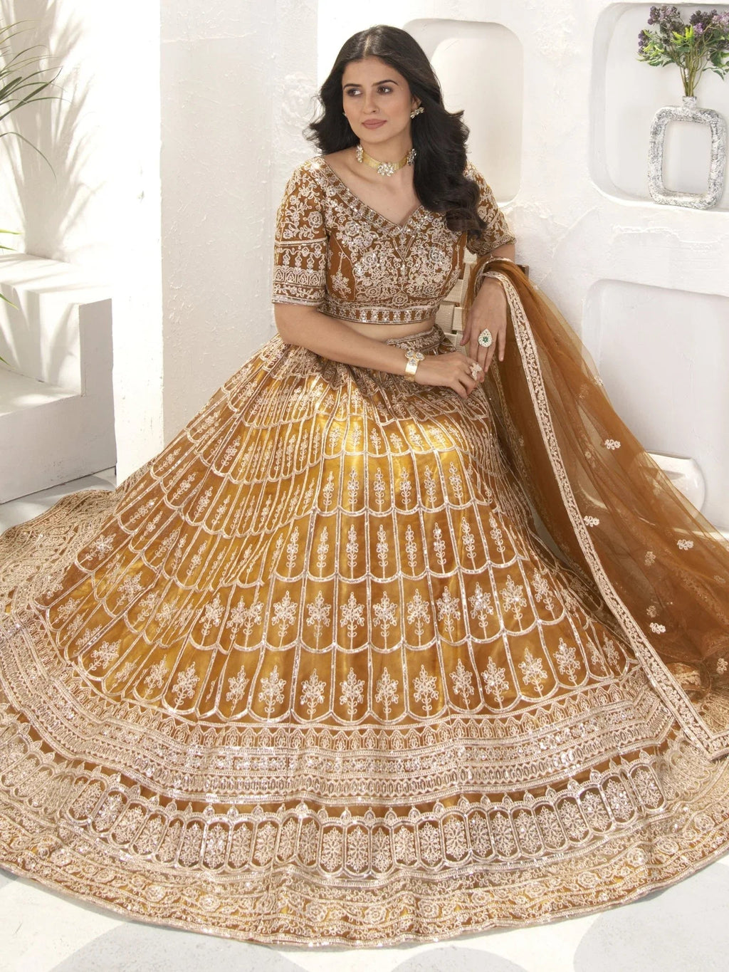 Brown net sequins embroidered designer lehenga choli with dupatta