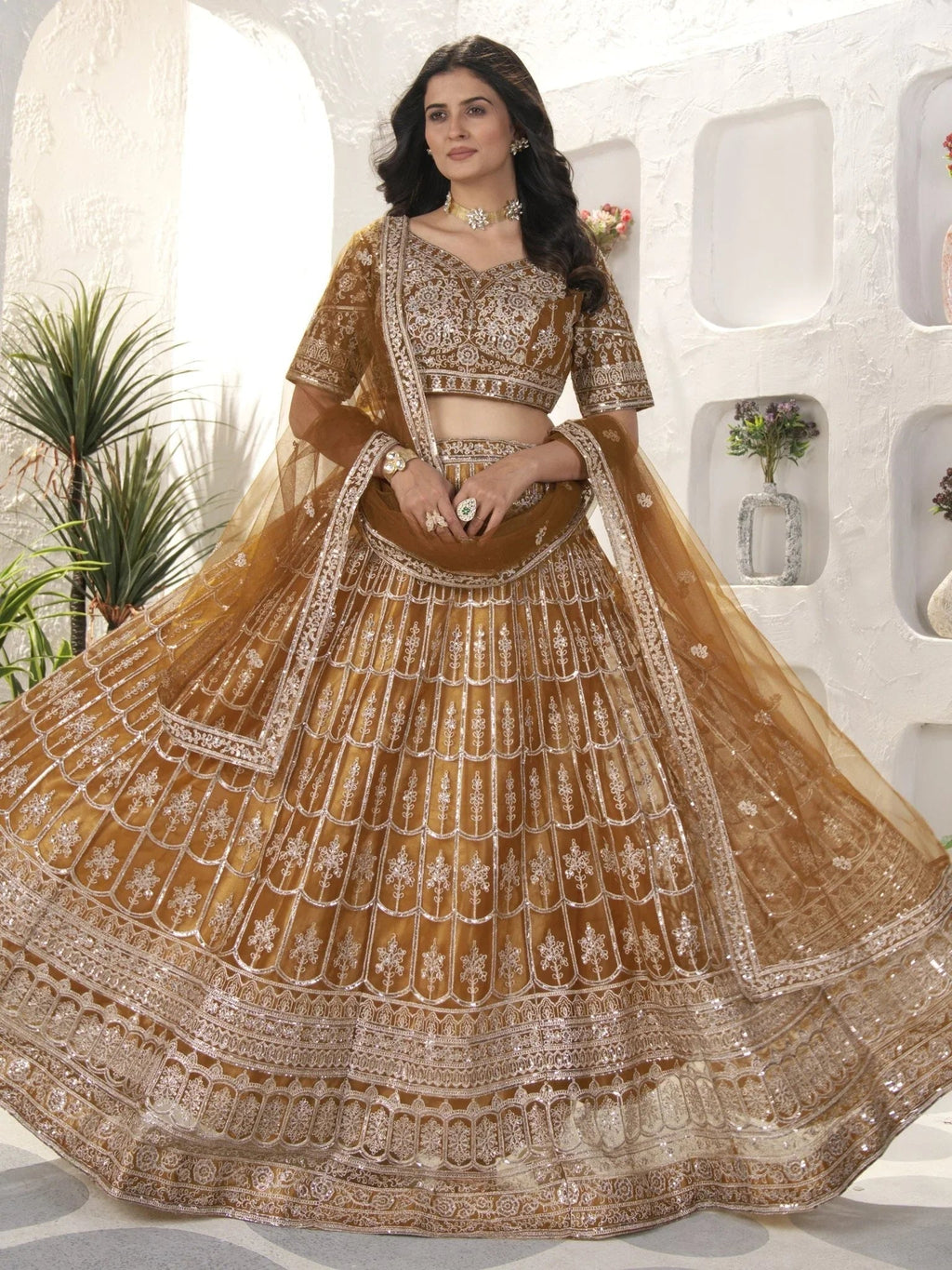 Brown net sequins embroidered designer lehenga choli with dupatta