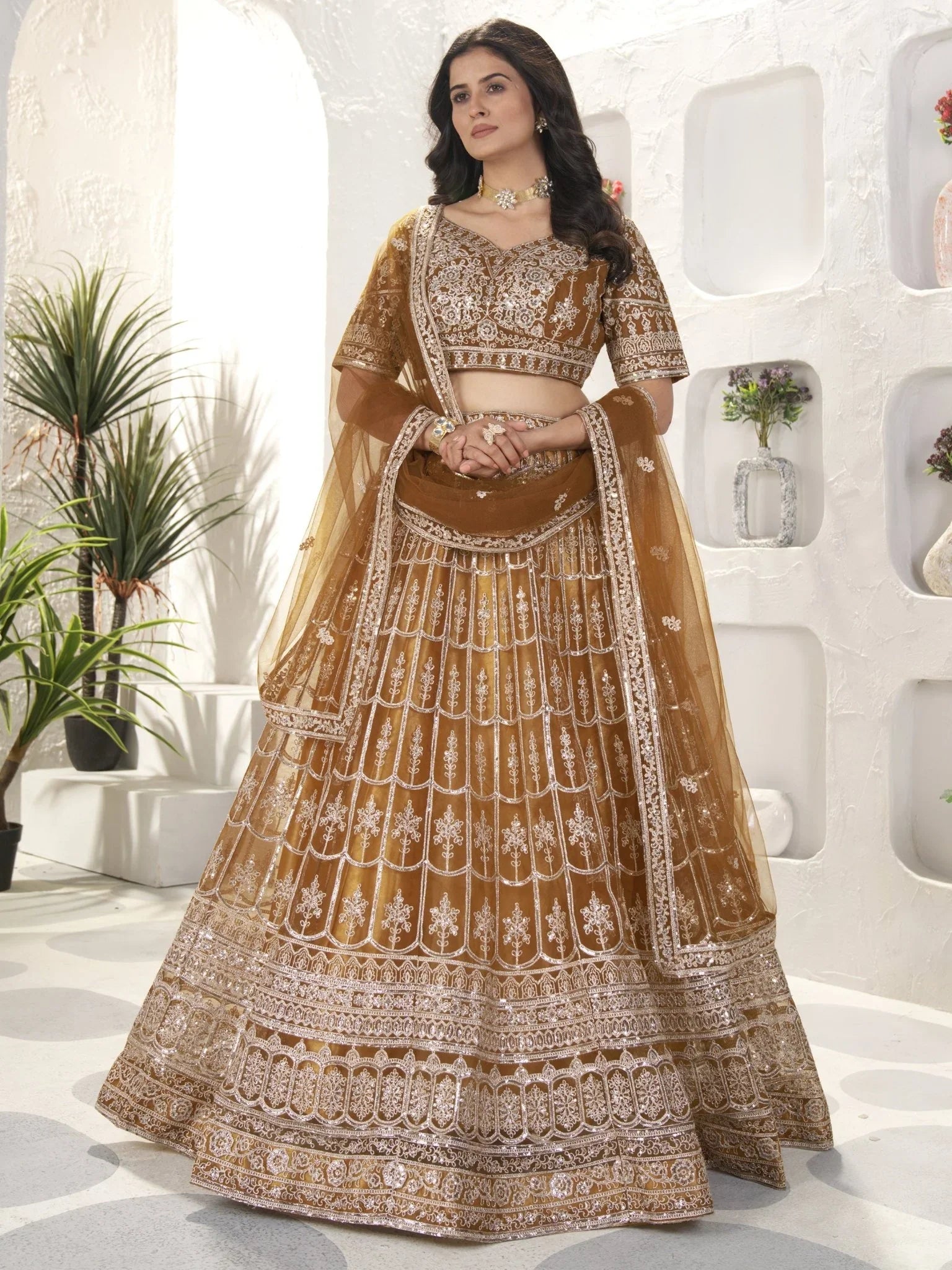 Brown net sequins embroidered designer lehenga choli with dupatta