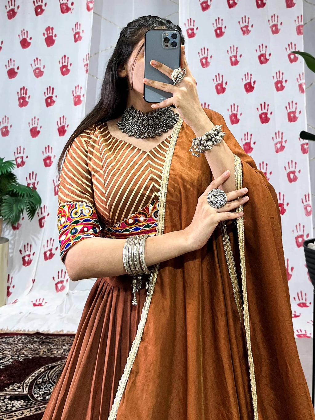 Brown pure chanderi lehenga choli with zari weaving and mirror gamthi work