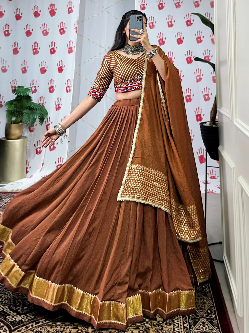 Brown pure chanderi lehenga choli with zari weaving and mirror gamthi work