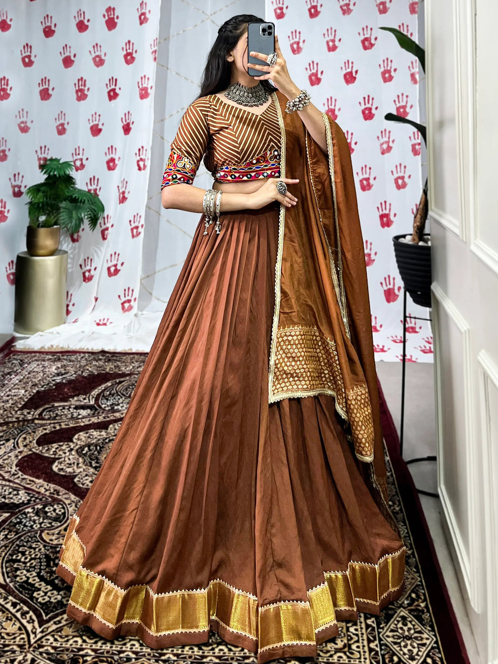 Brown pure chanderi lehenga choli with zari weaving and mirror gamthi work