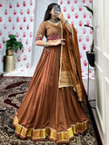 Brown pure chanderi lehenga choli with zari weaving and mirror gamthi work