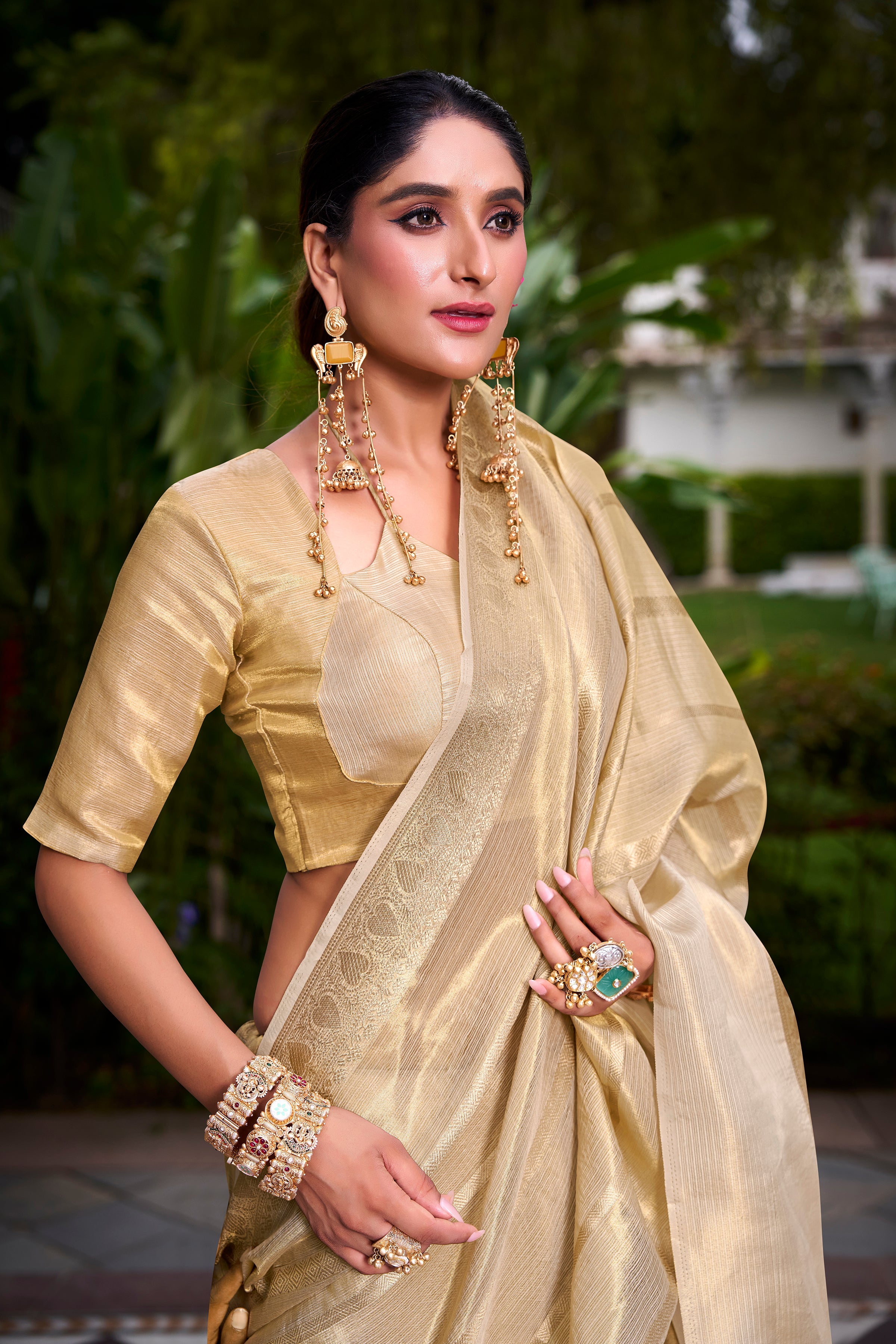 Cream gold tissue zari weaving saree with blouse