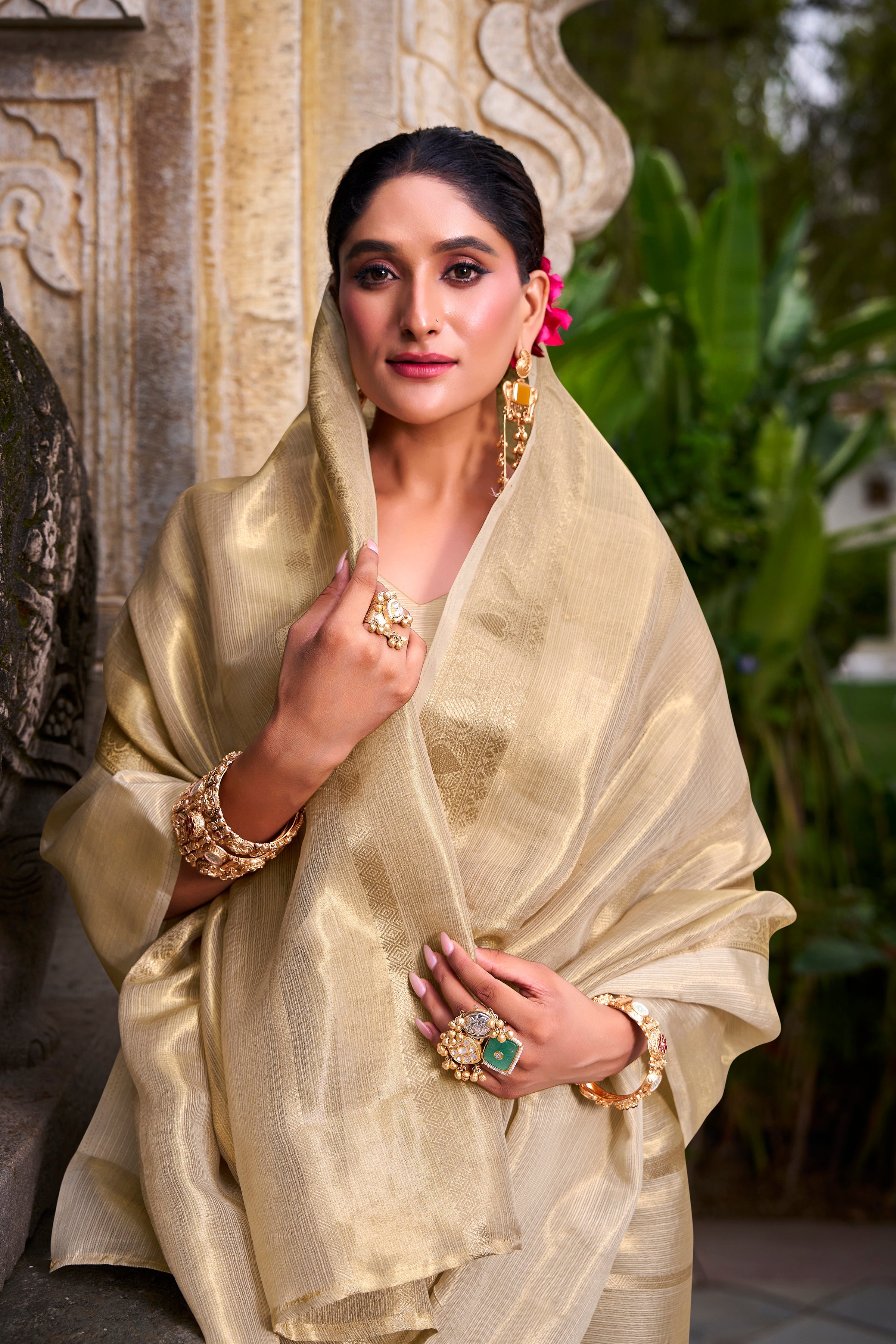 Cream gold tissue zari weaving saree with blouse