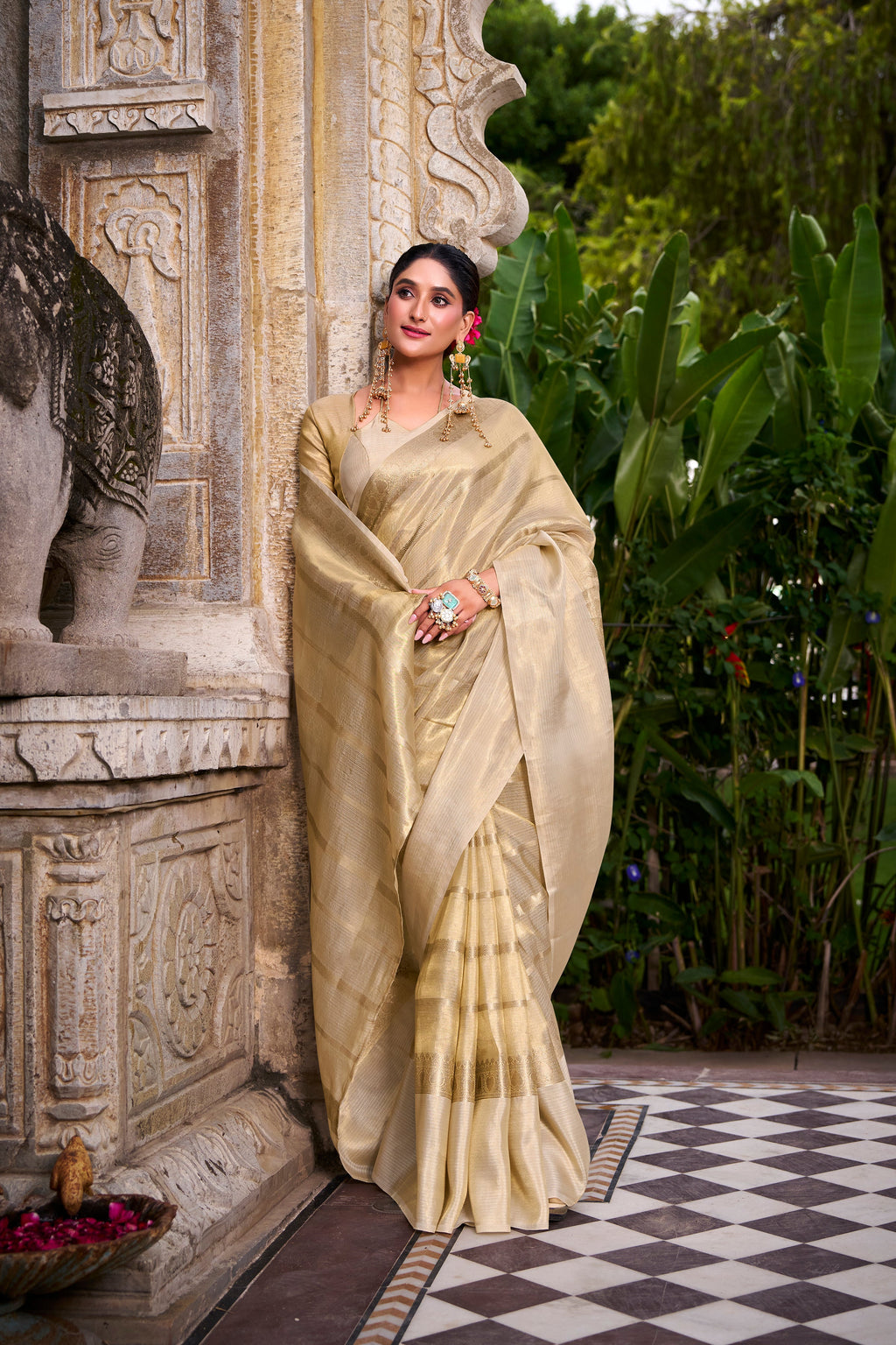 Cream gold tissue zari weaving saree with blouse