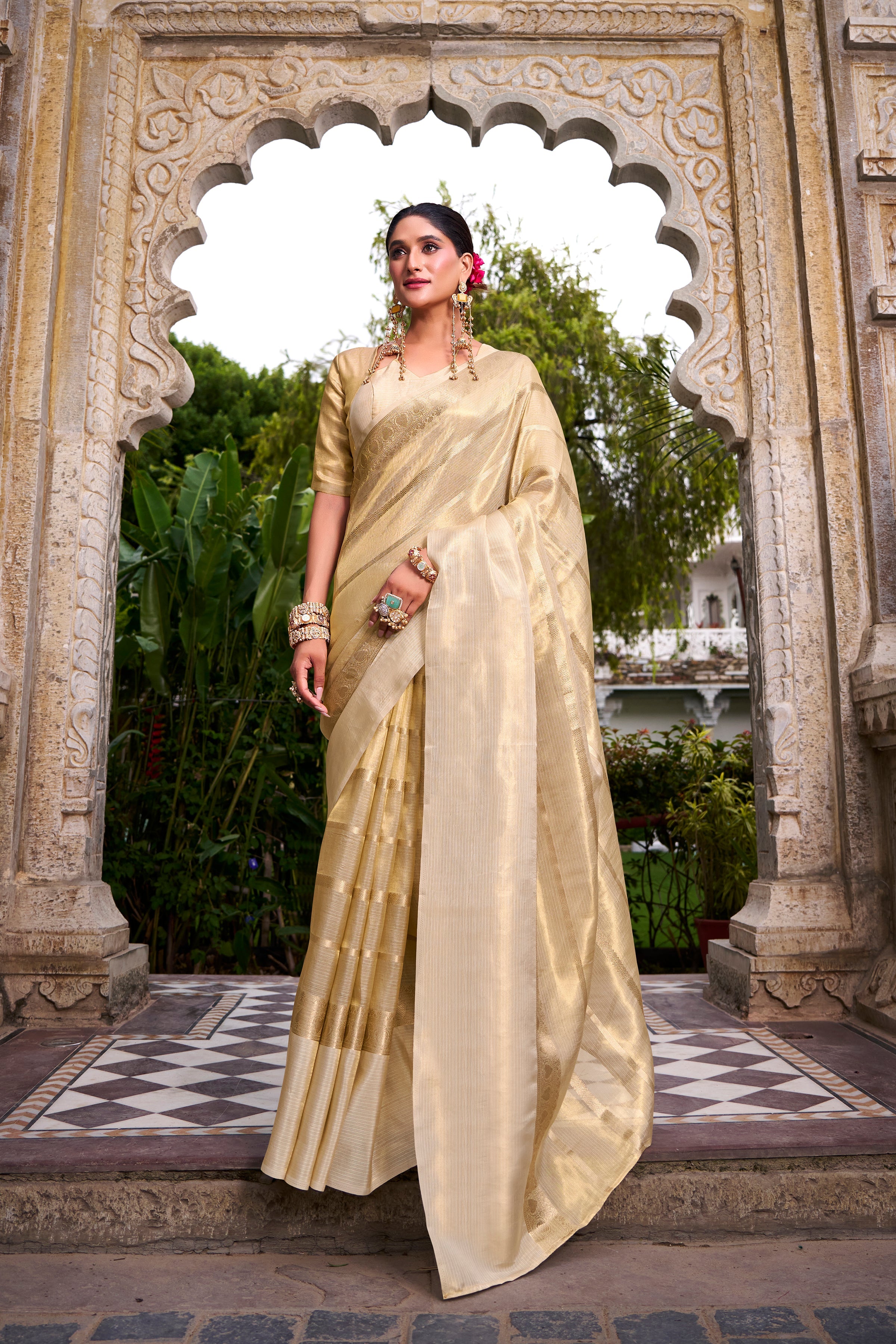 Cream gold tissue zari weaving saree with blouse