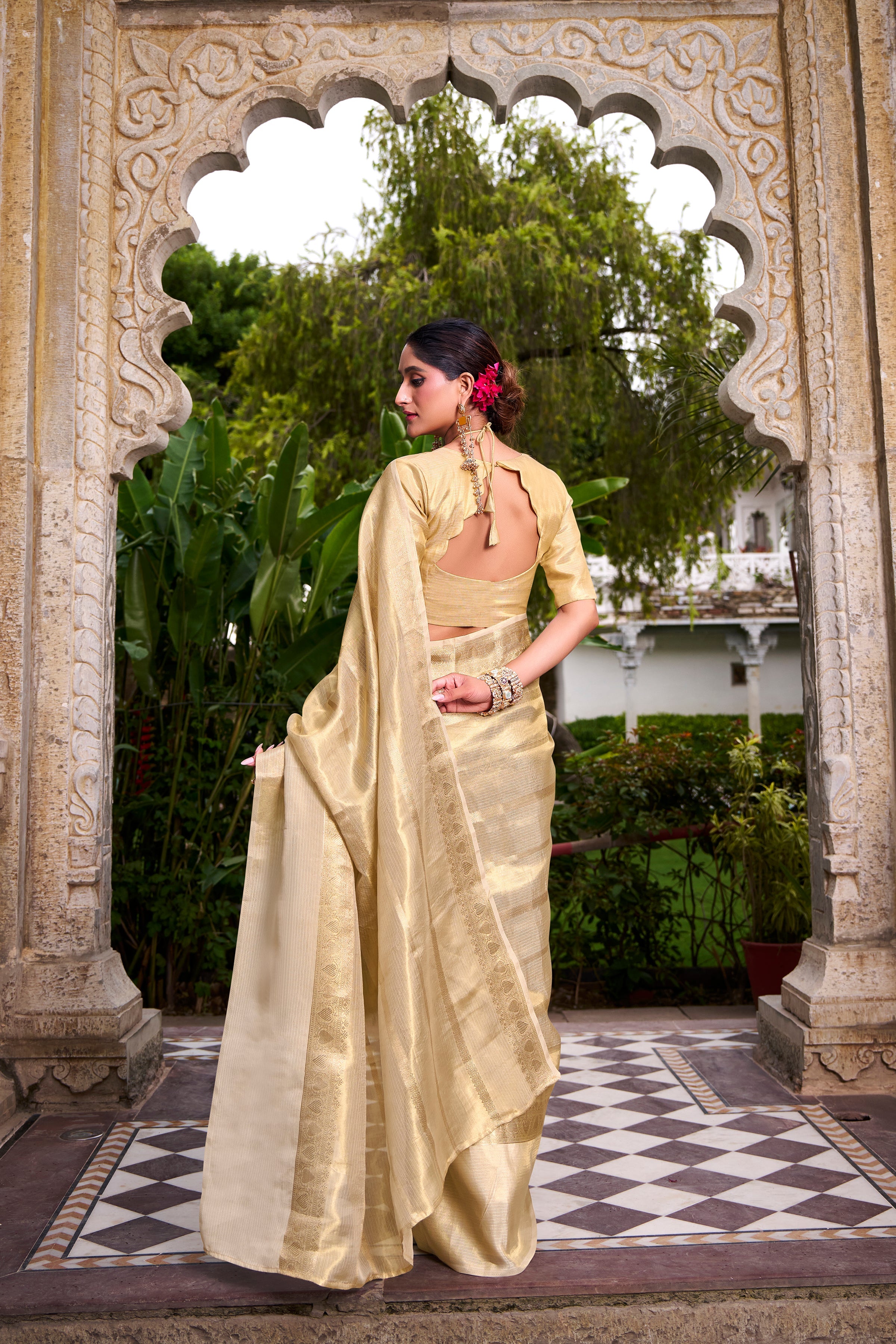 Cream gold tissue zari weaving saree with blouse