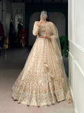 Cream net sequins thread embroidery lehenga choli with dupatta