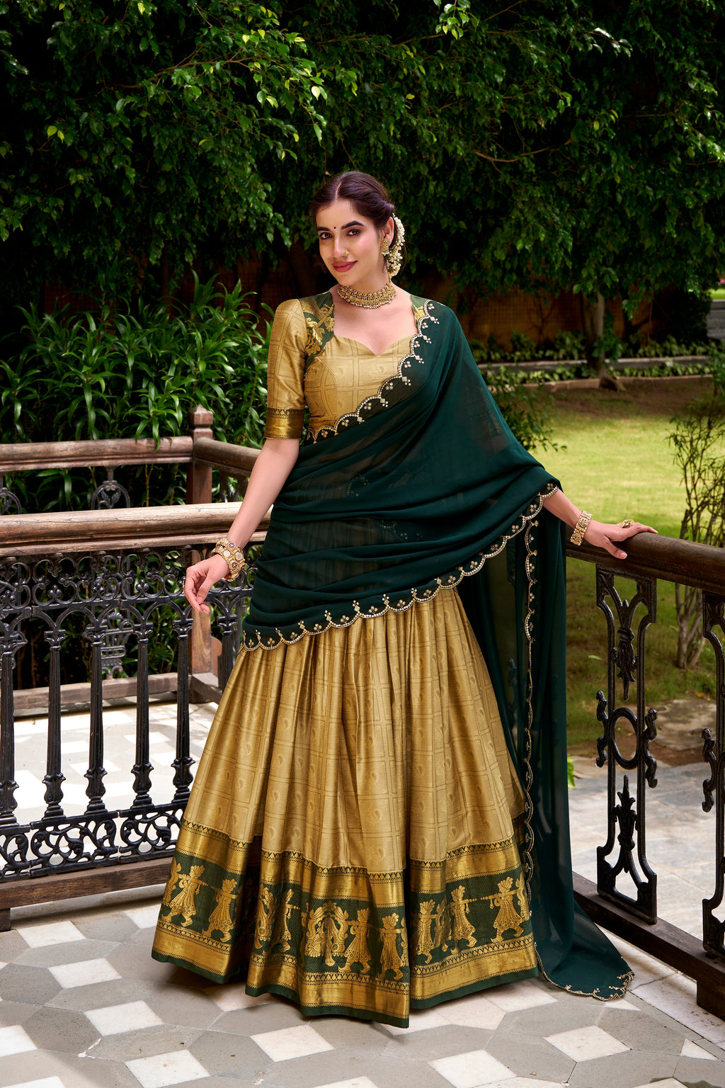 Cream poly cotton zari weaving half saree lehenga choli