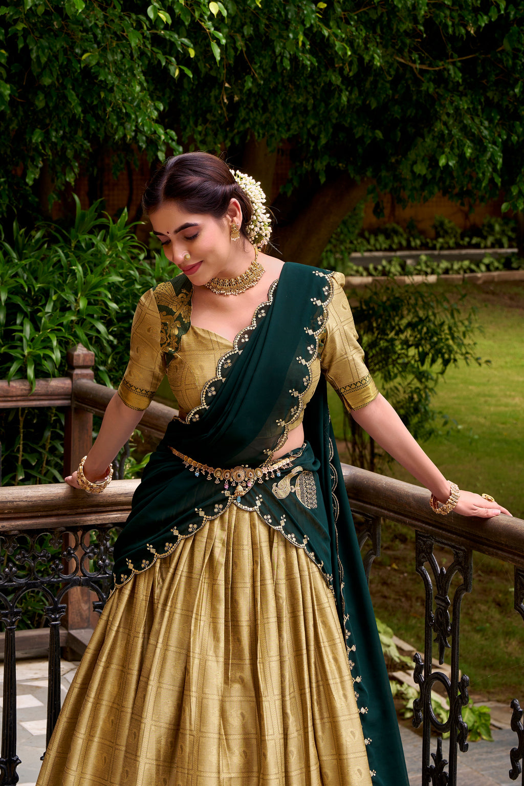 Cream poly cotton zari weaving half saree lehenga choli