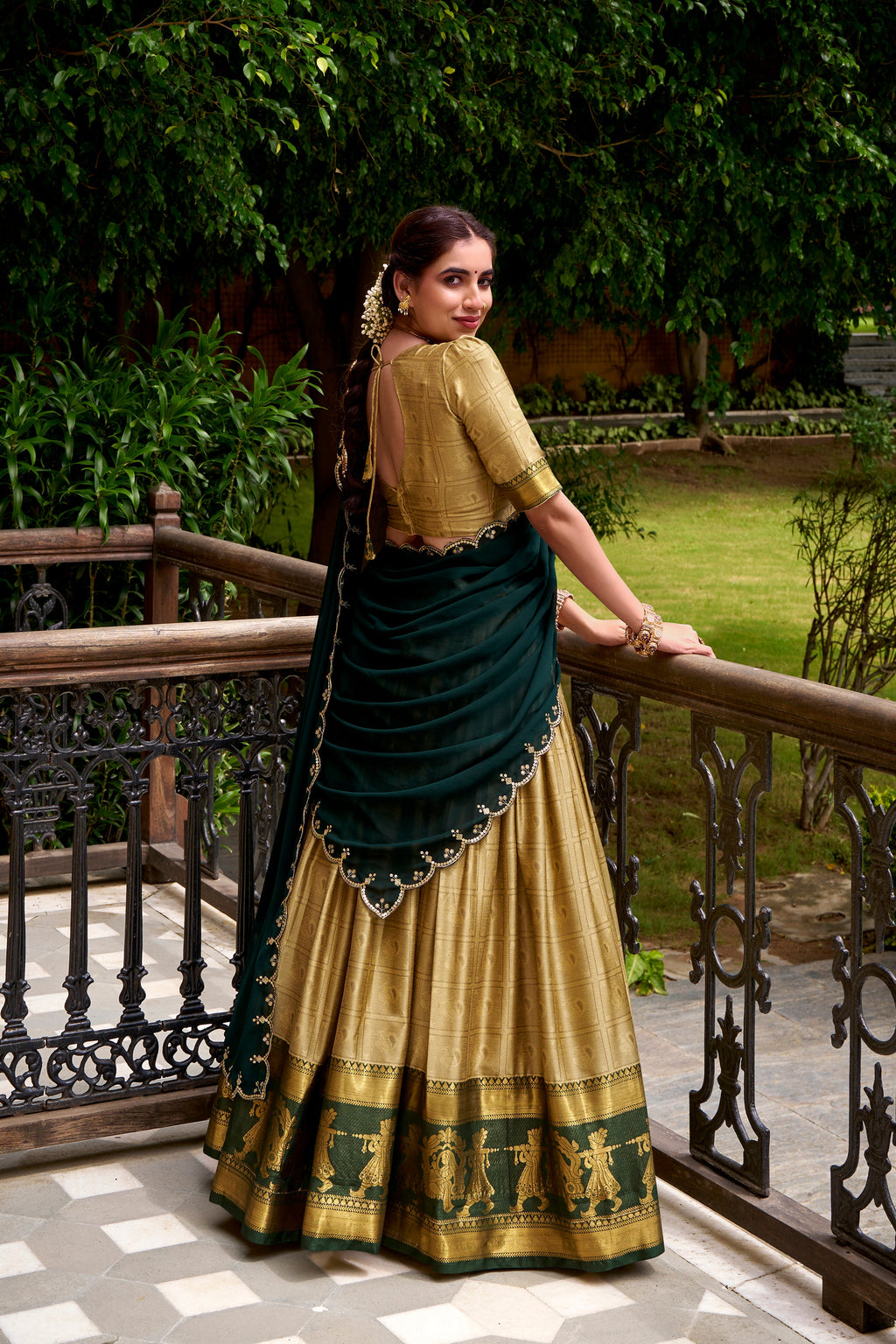 Cream poly cotton zari weaving half saree lehenga choli