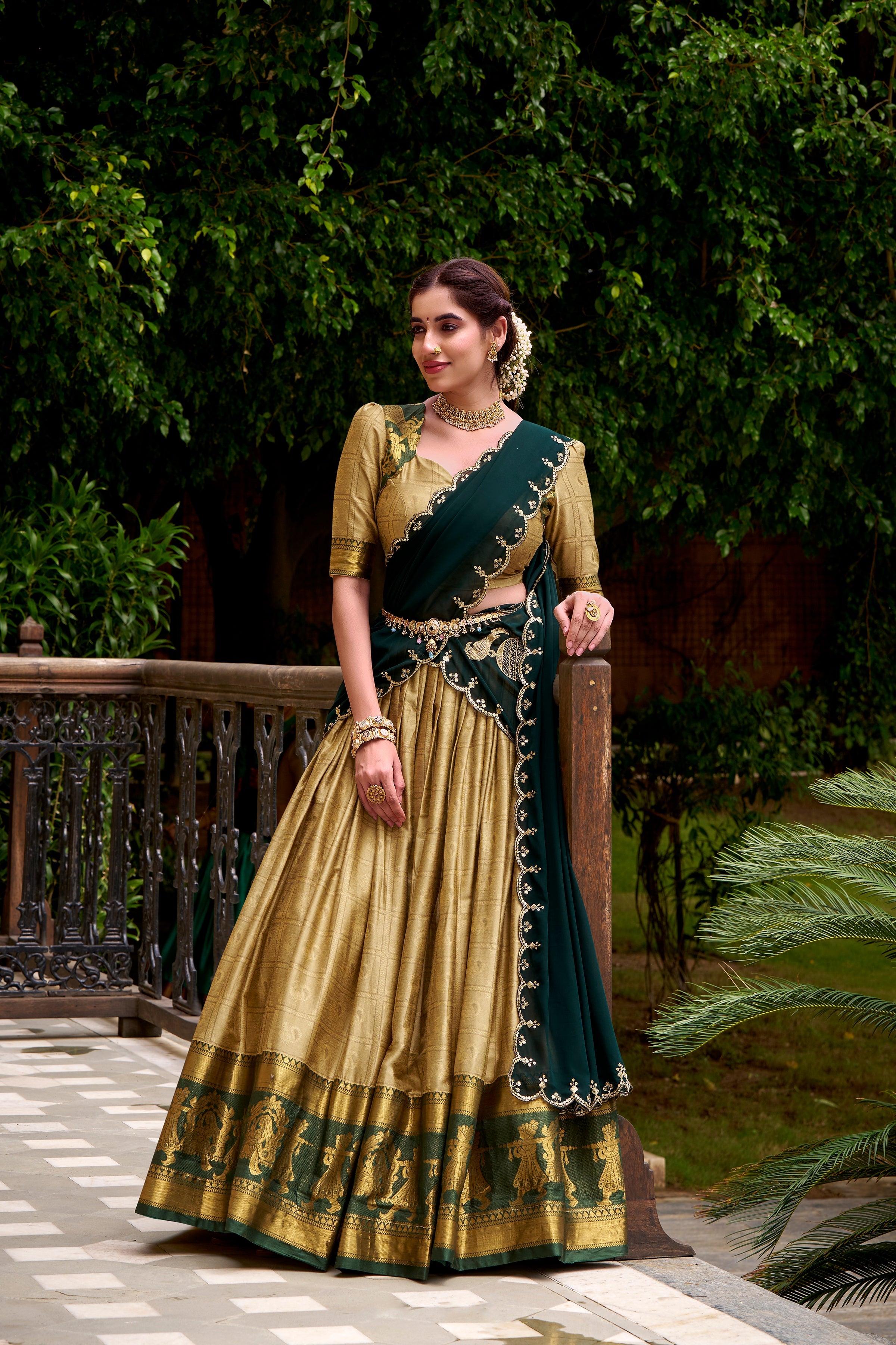 Cream poly cotton zari weaving half saree lehenga choli