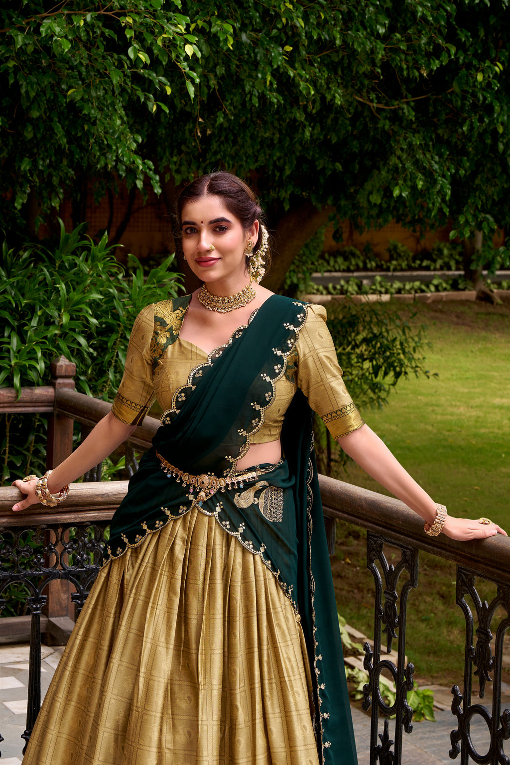 Cream poly cotton zari weaving half saree lehenga choli